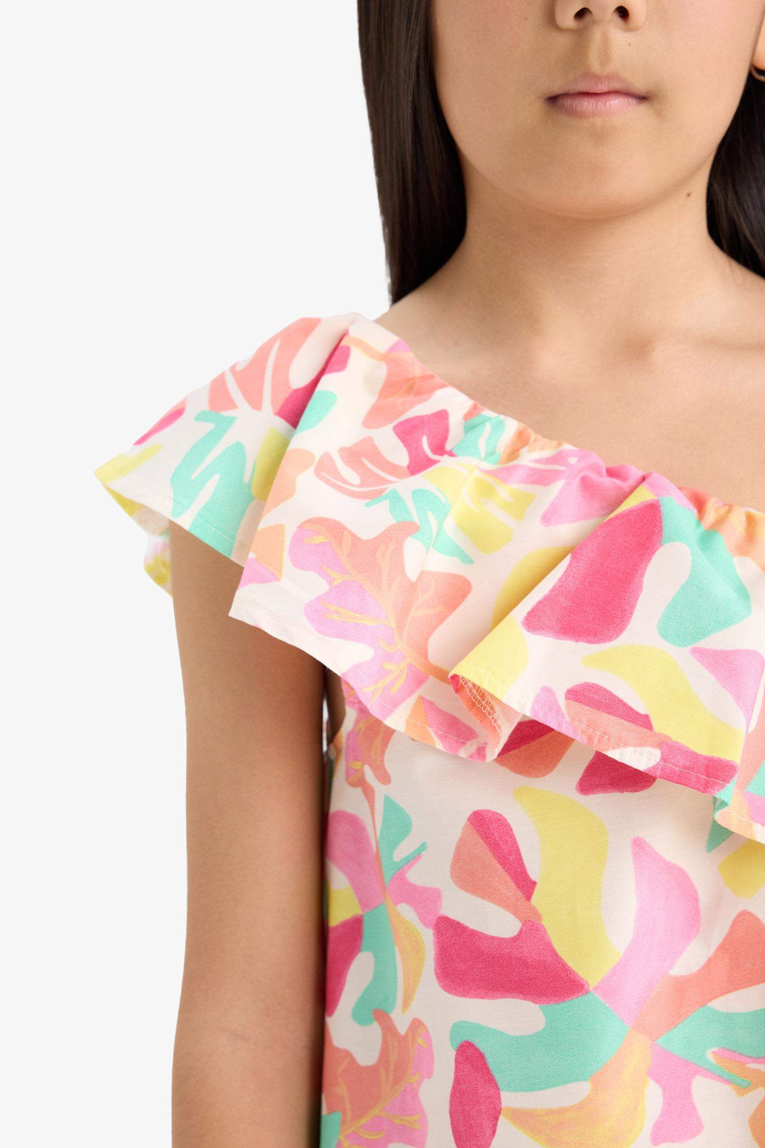Girl Patterned One Shoulder Poplin Dress