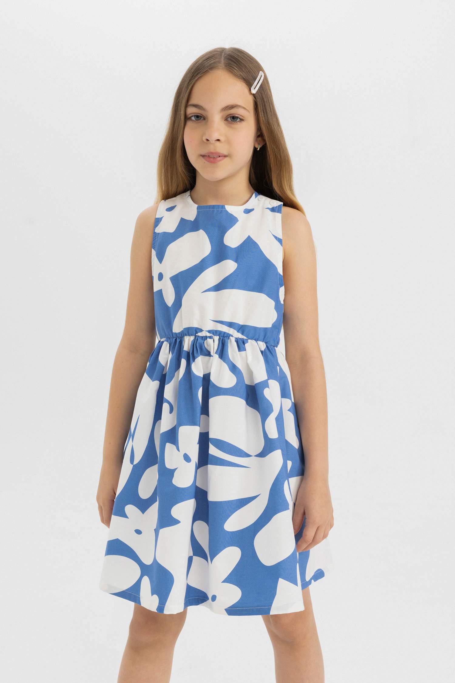 فستان بناتي بوبلين بدون كم منقوش