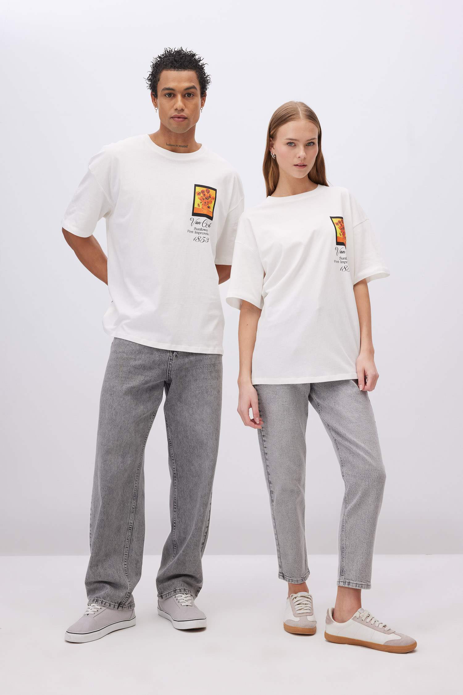 T-Shirt Oversize à Manches Courtes Col Rond avec Impression Van Gogh