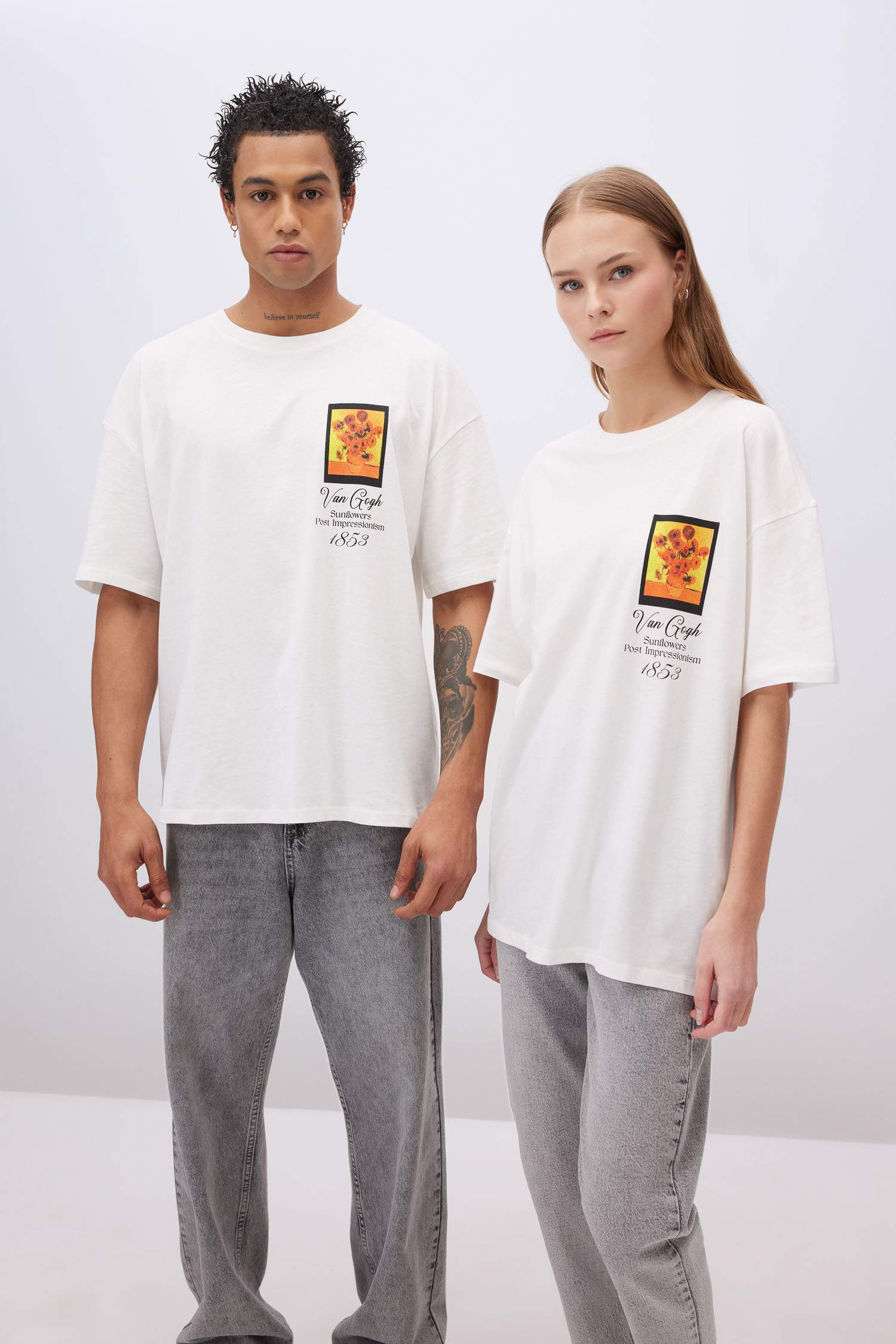 T-Shirt Oversize à Manches Courtes Col Rond avec Impression Van Gogh