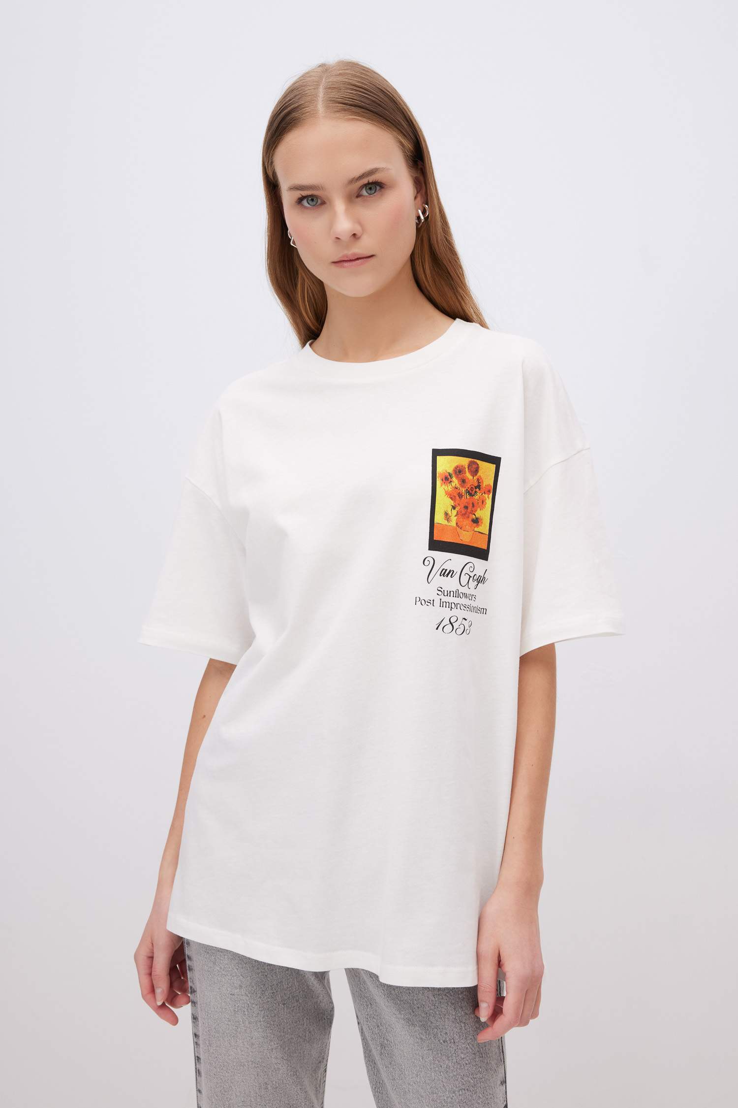 T-Shirt Oversize à Manches Courtes Col Rond avec Impression Van Gogh