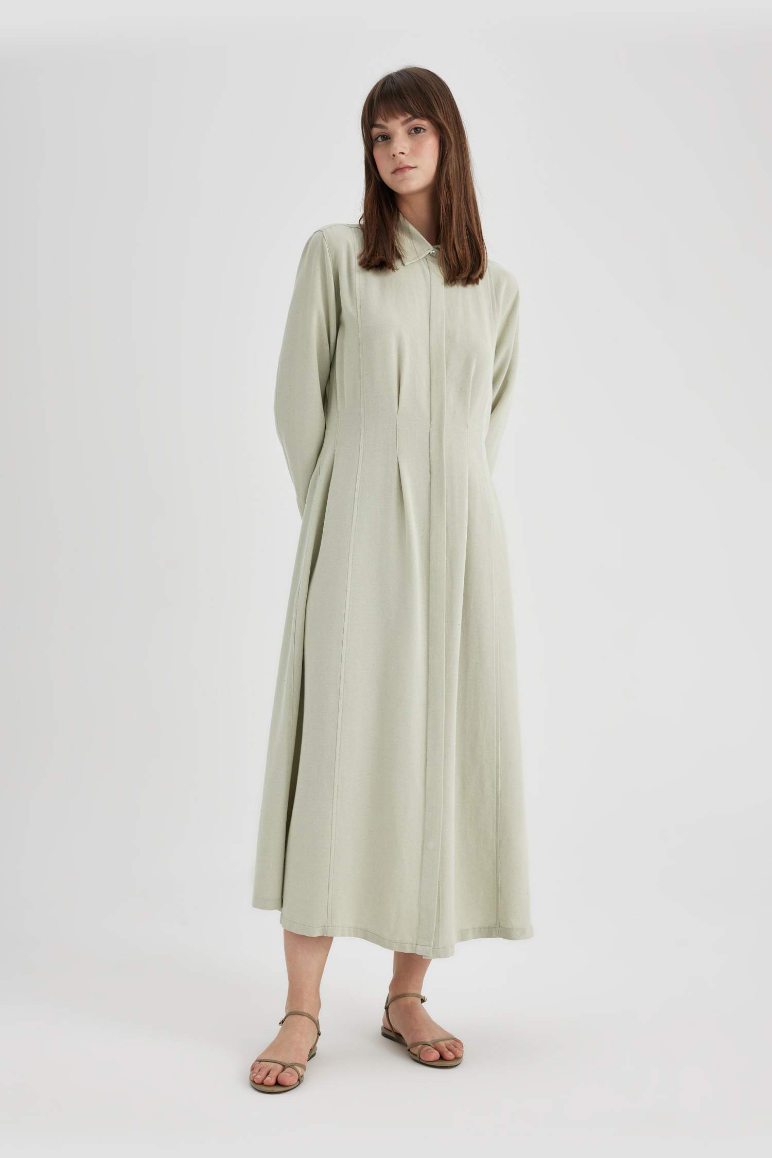 Shirt Collar Linen Blended Low Shoulder Dress