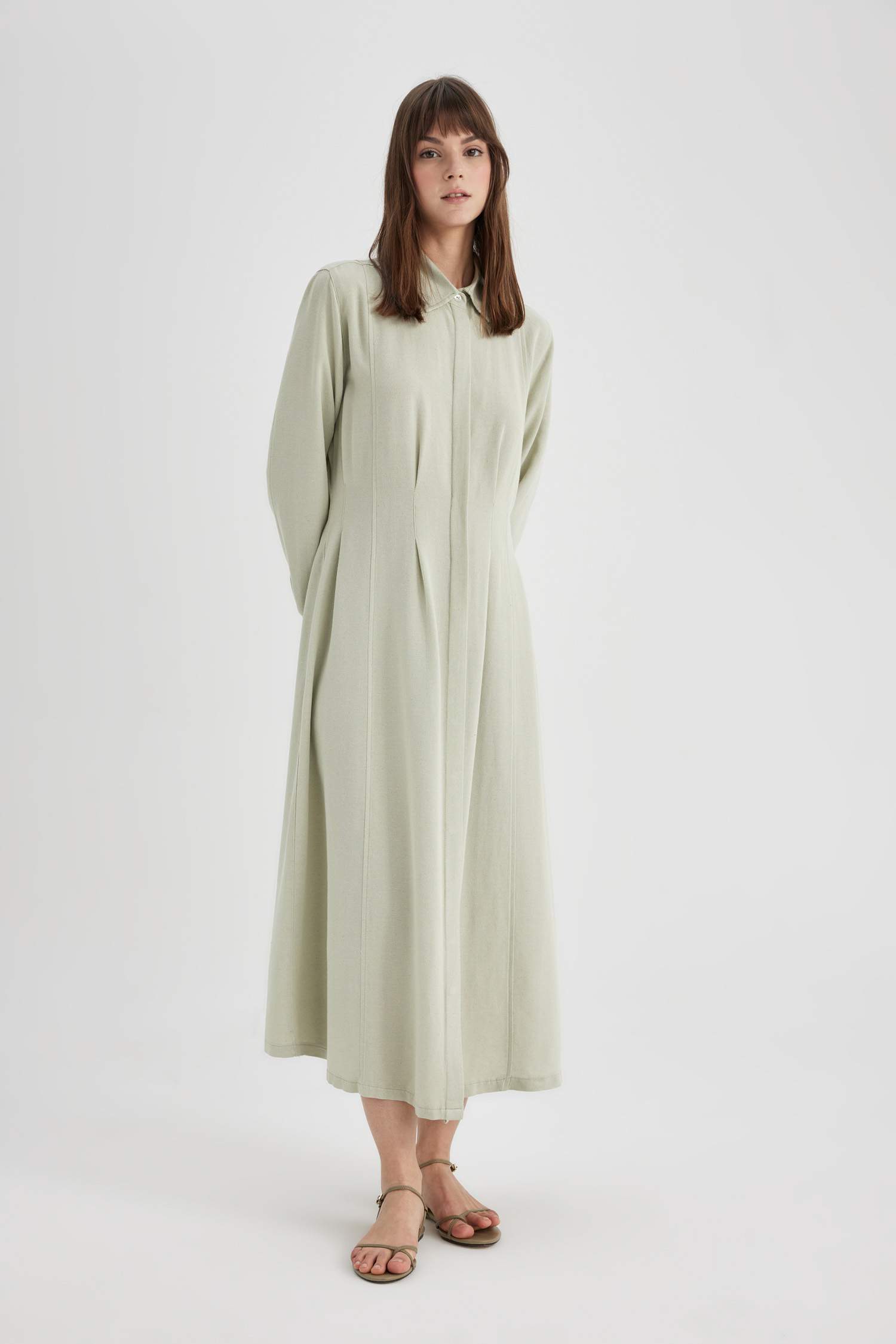 Shirt Collar Linen Blended Low Shoulder Dress