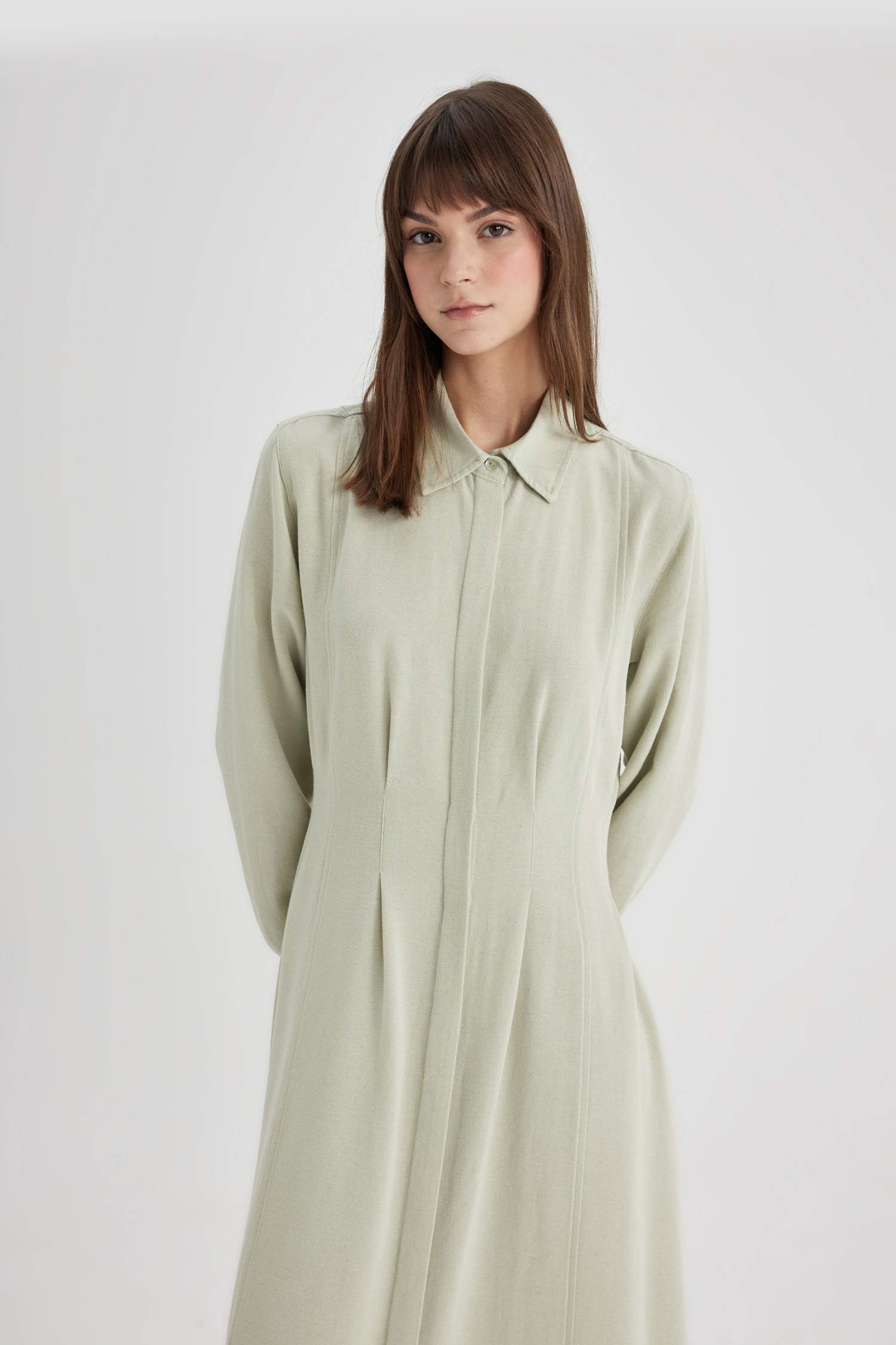Shirt Collar Linen Blended Low Shoulder Dress