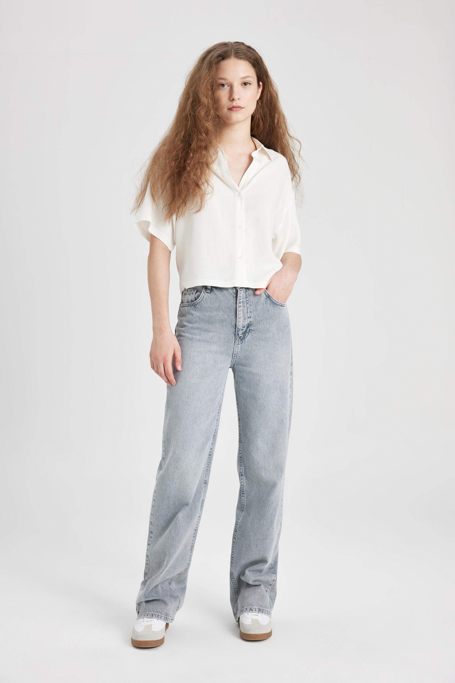 Oversize Geniş Kalıp Keten Karışımlı Kısa Kollu Gömlek