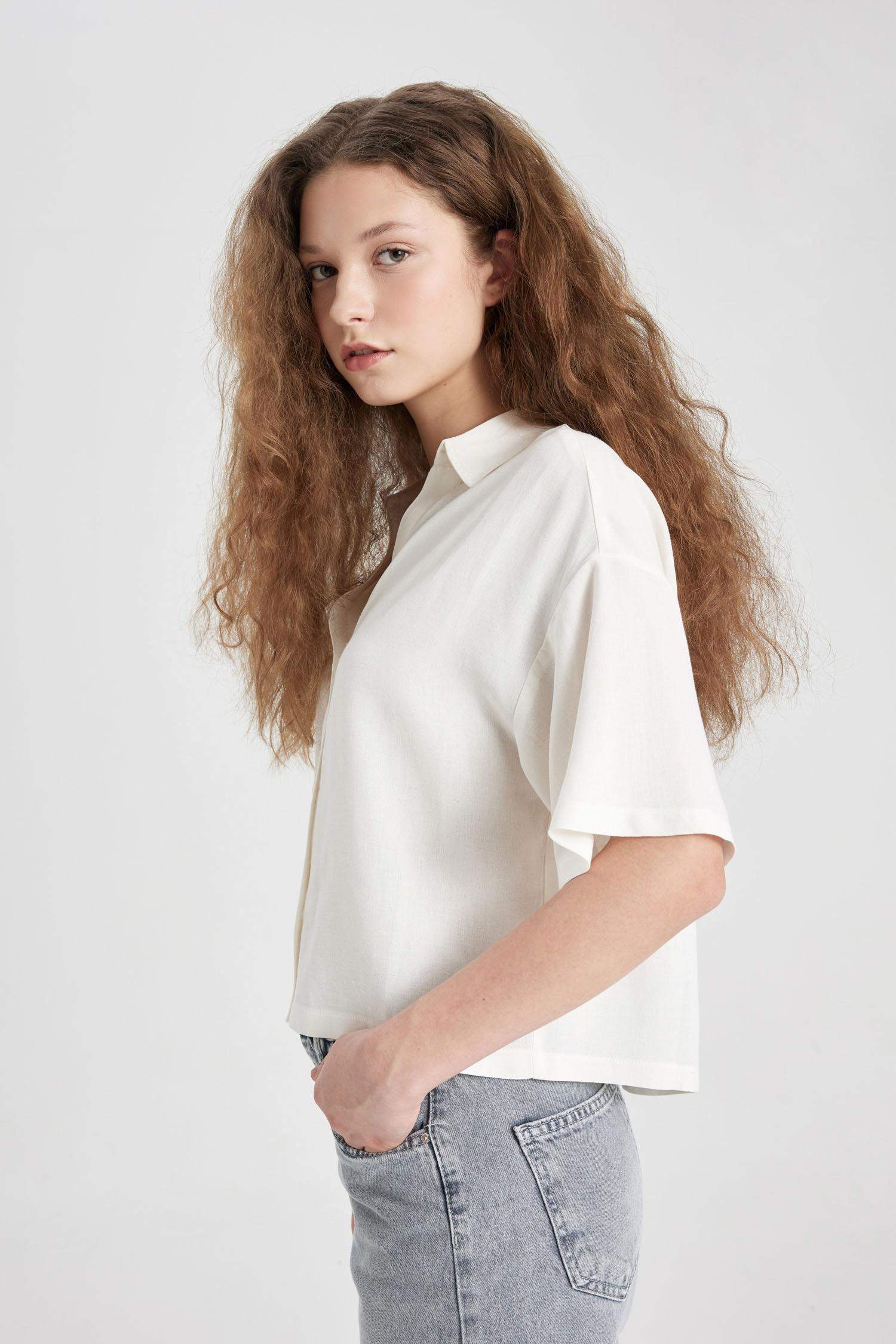 Oversize Geniş Kalıp Keten Karışımlı Kısa Kollu Gömlek