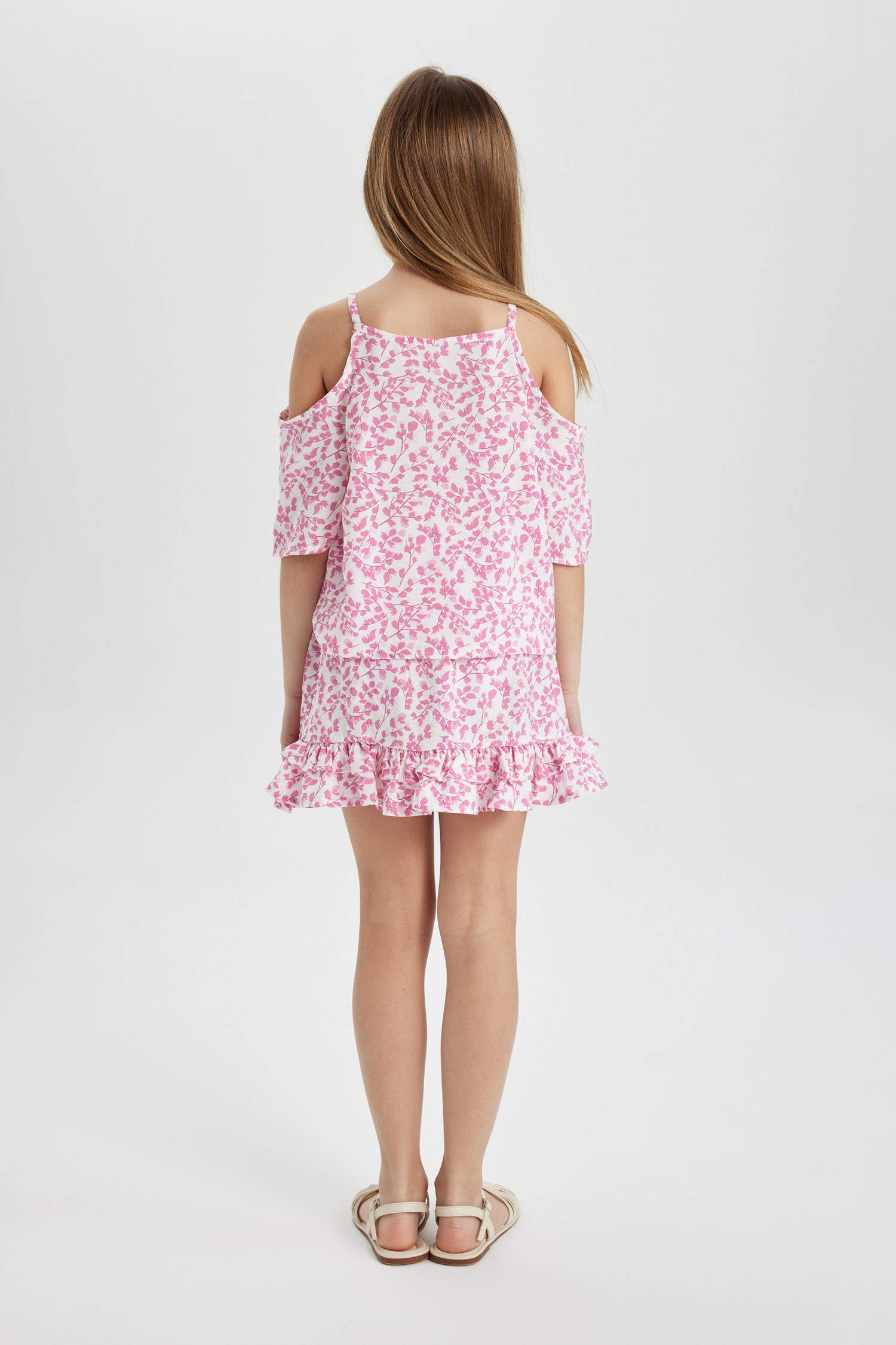 Kız Çocuk 2'li Takım Çiçekli Kısa Kollu Bluz Üst Beli Lastikli Etek alt