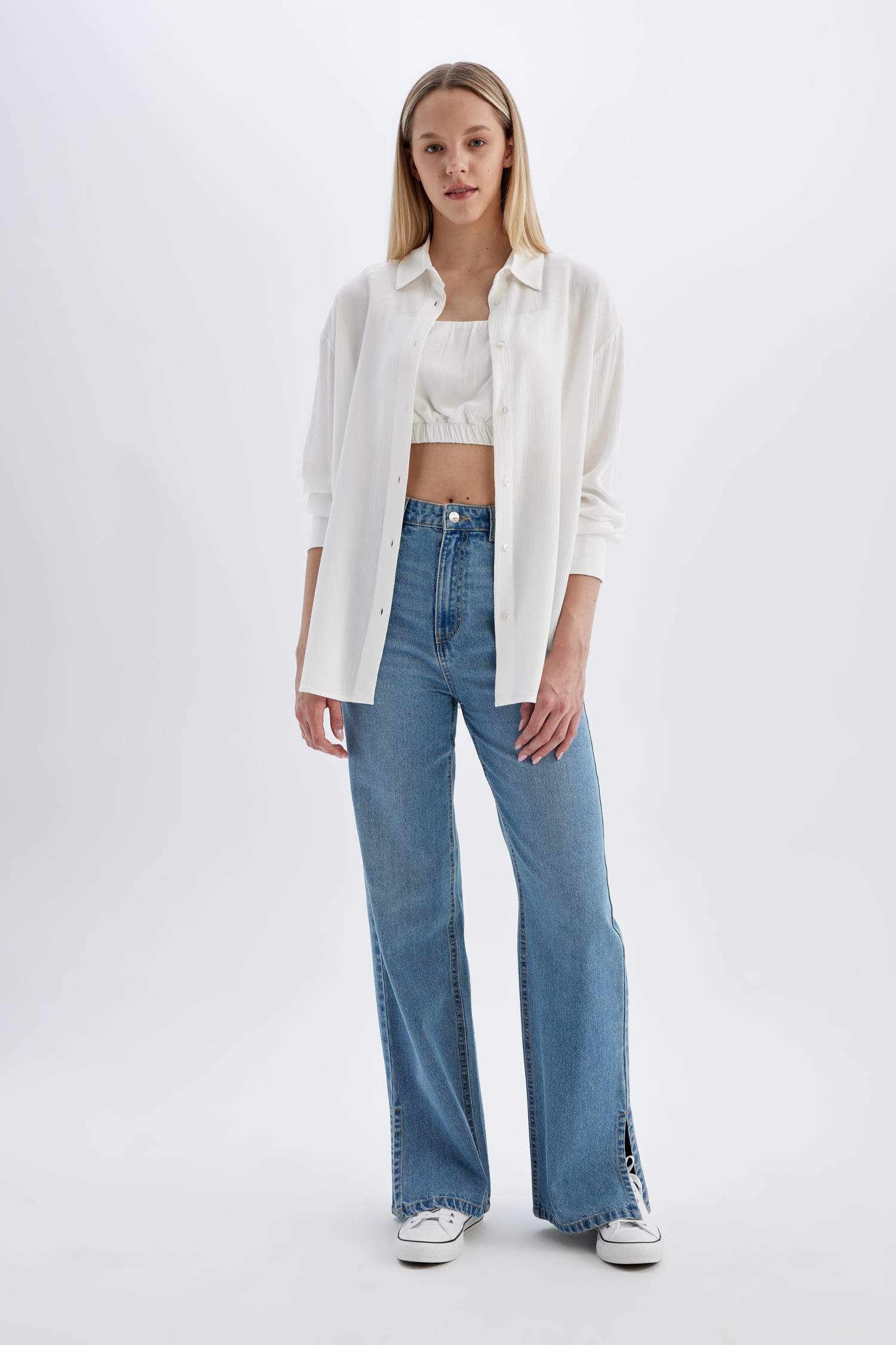 Oversize Fit Shirt Collar Crinkle Viscose Long Sleeve Shirt