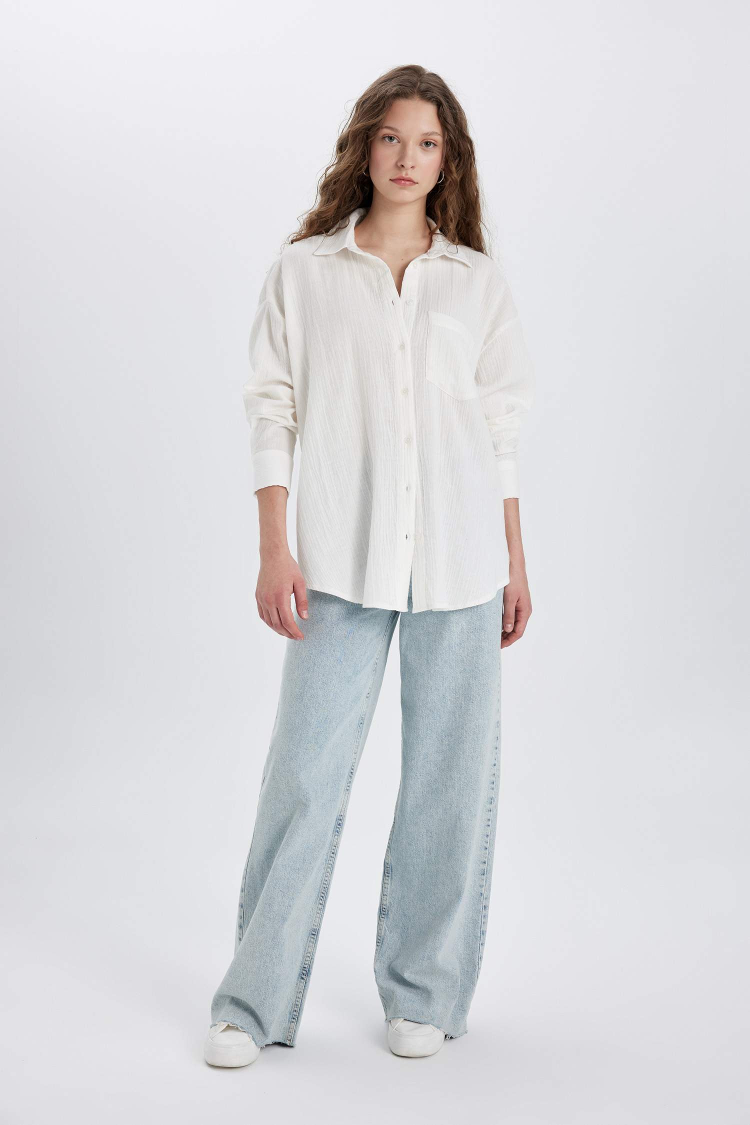 Oversize Fit Shirt Collar Muslin Long Sleeve Shirt