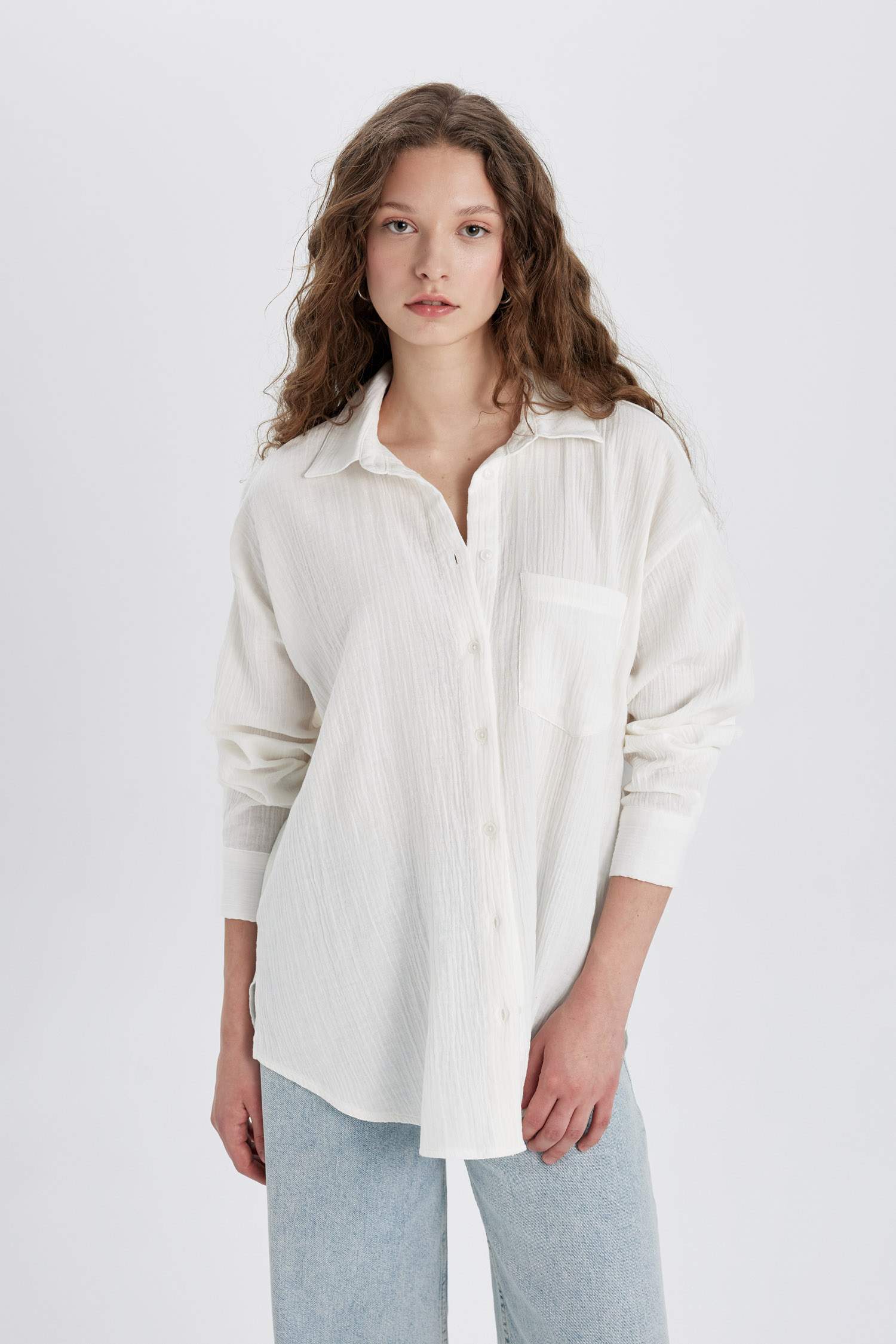 Oversize Fit Shirt Collar Muslin Long Sleeve Shirt