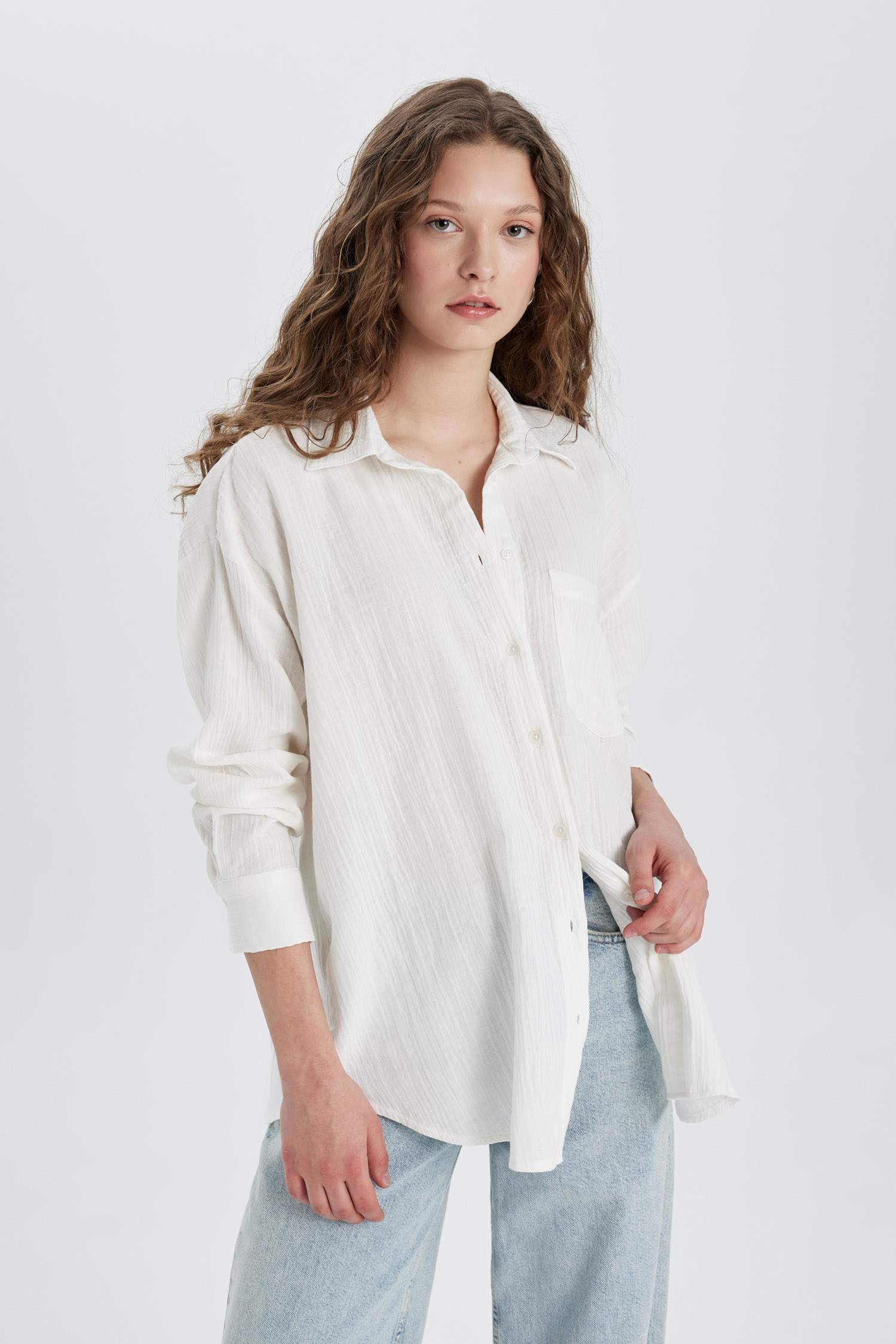 Oversize Fit Shirt Collar Muslin Long Sleeve Shirt