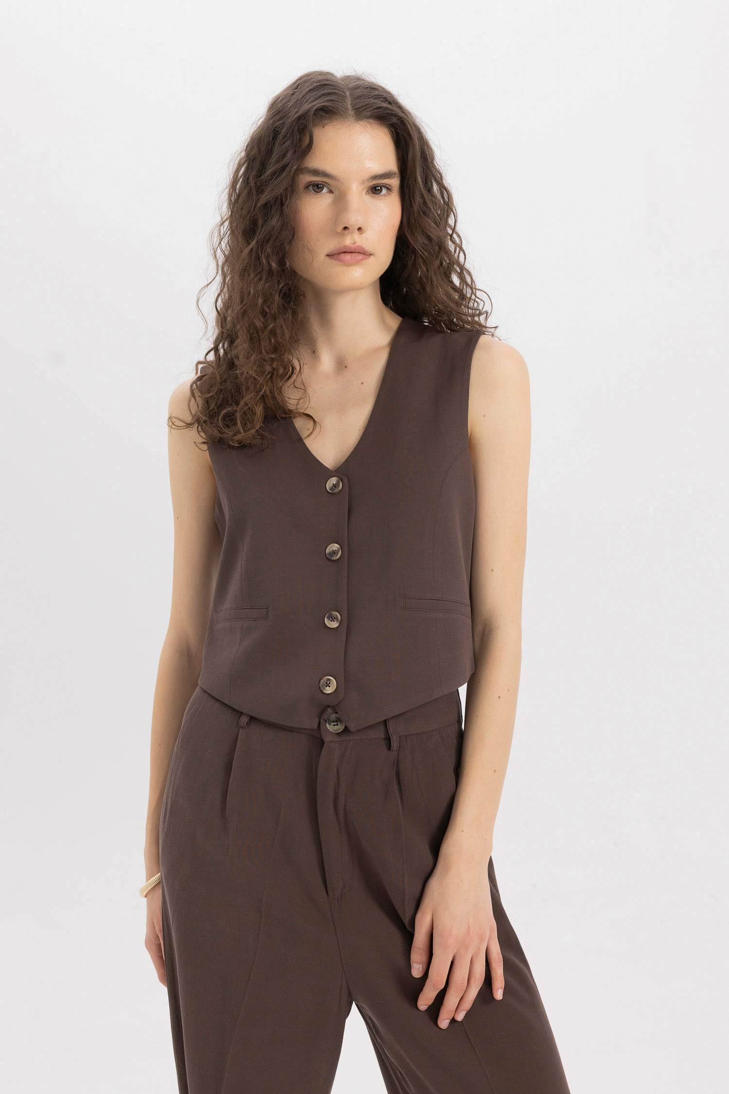 V-Neck Linen Blend Blazer Vest