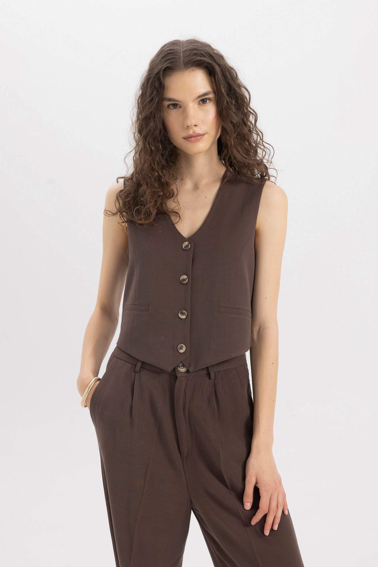 V-Neck Linen Blend Blazer Vest