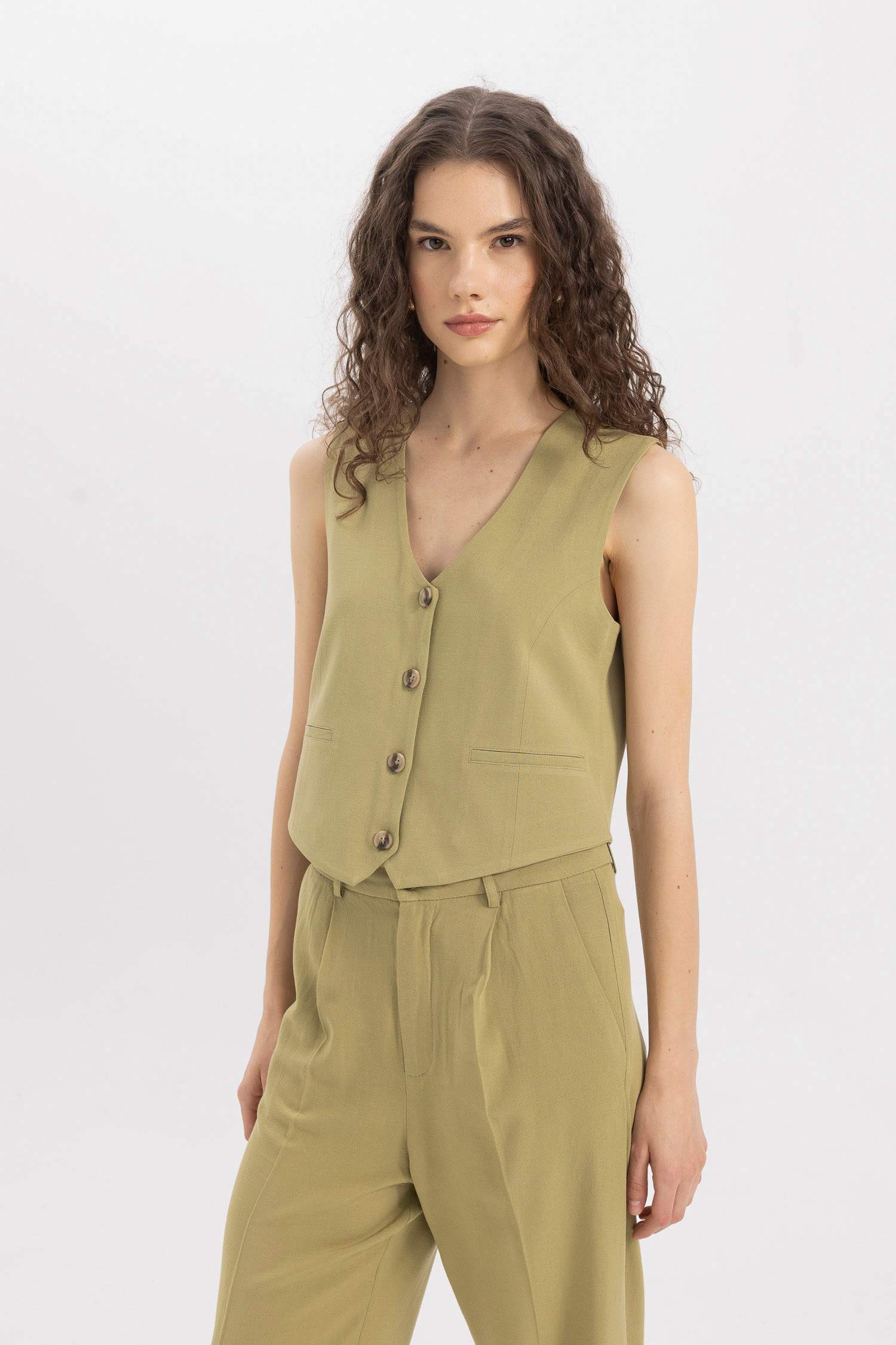 V-Neck Linen Blend Blazer Vest