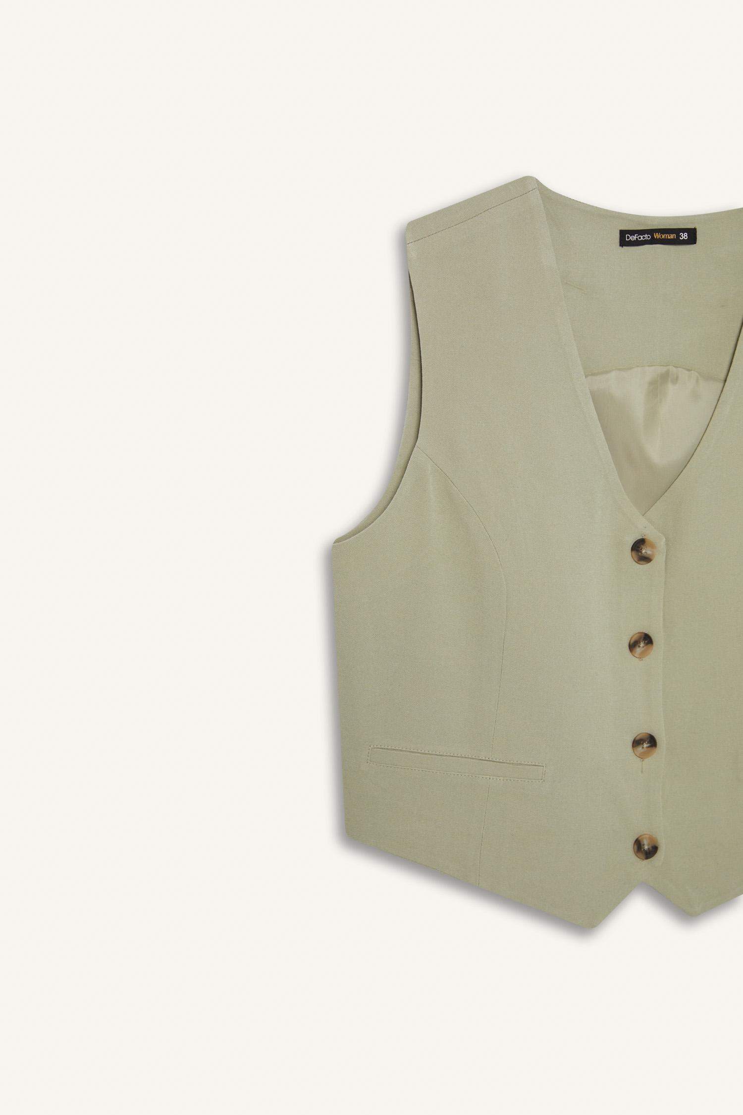 V Yaka Keten Karışımlı Blazer Yelek