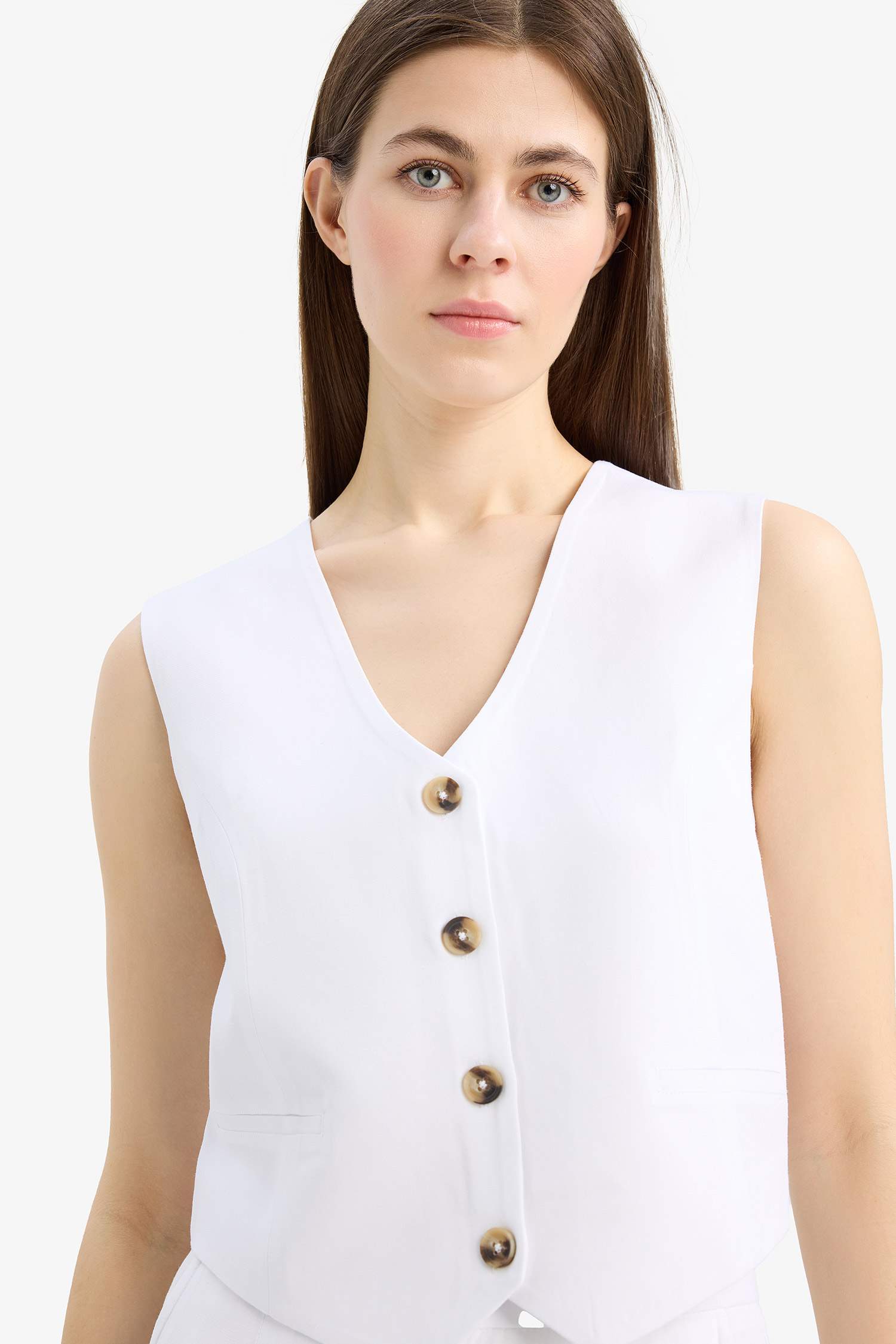 V Neck Linen Blend White Blazer Vest