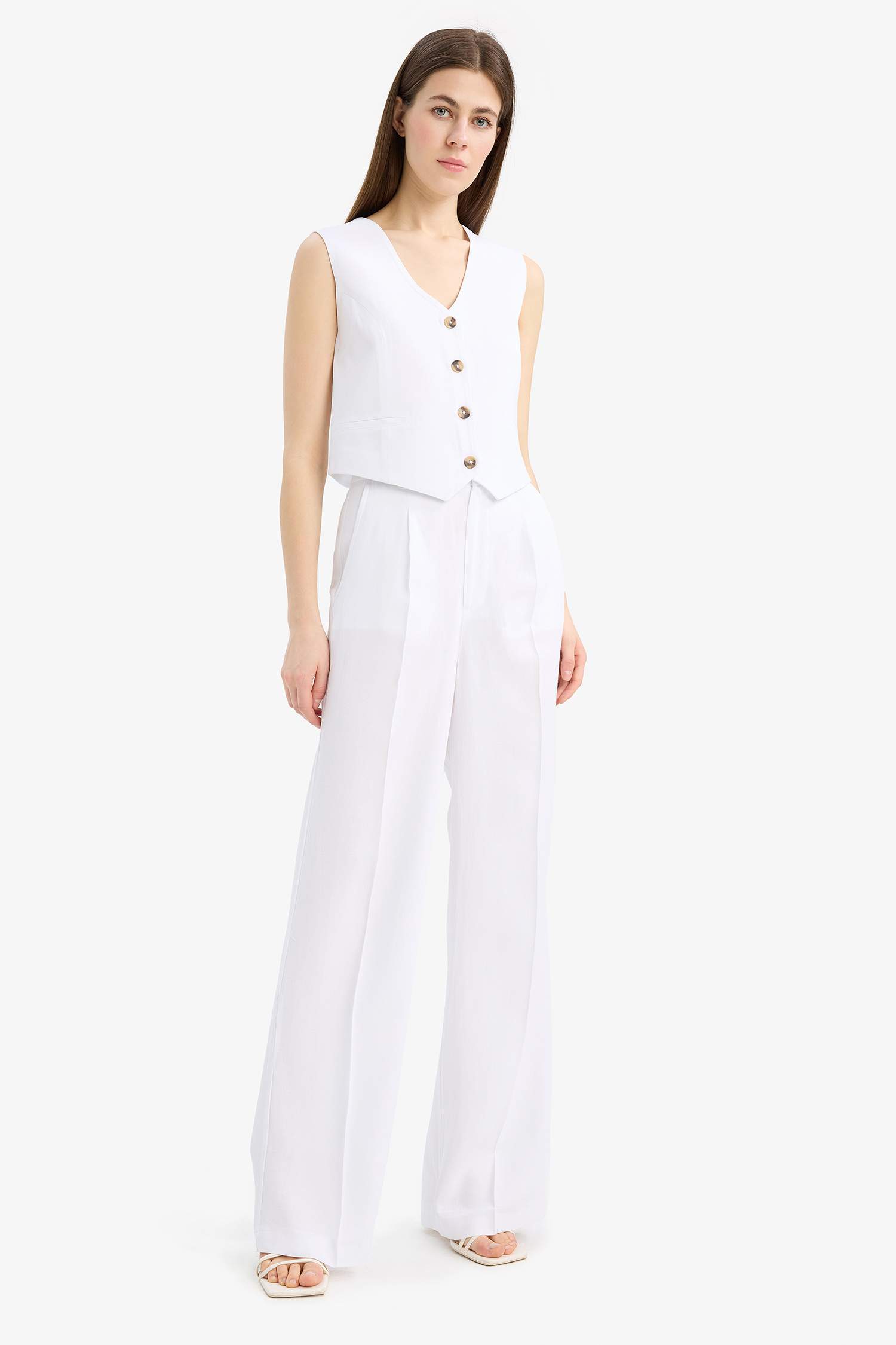 V Neck Linen Blend White Blazer Vest