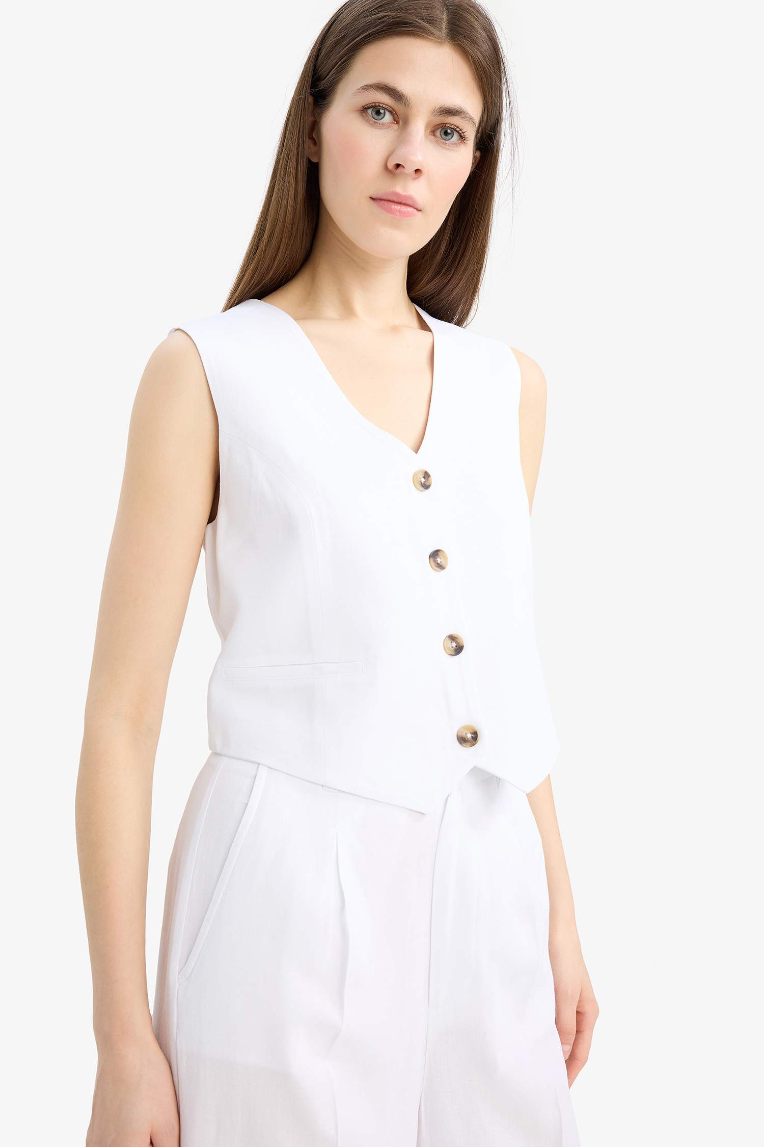 V Neck Linen Blend White Blazer Vest