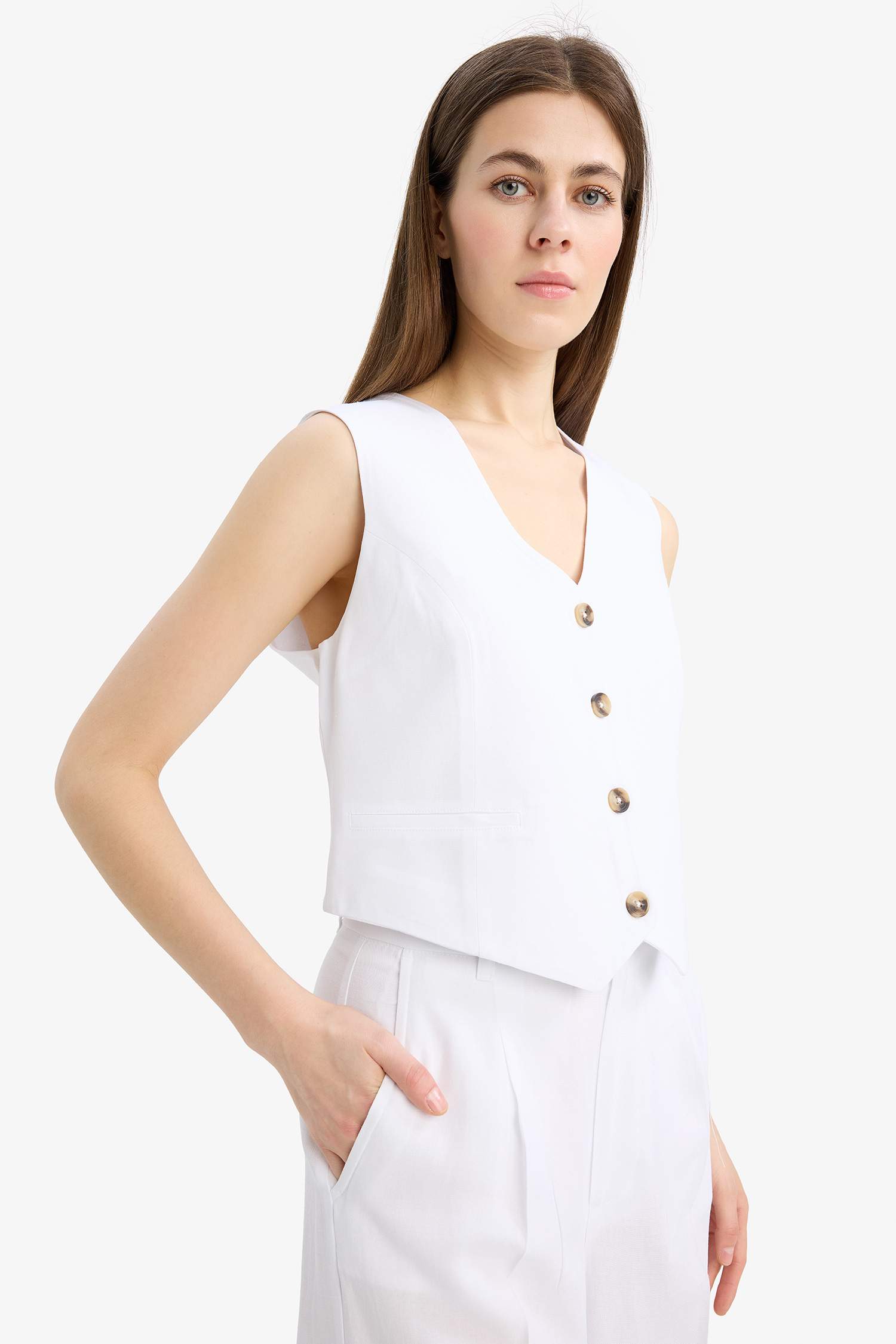 V Neck Linen Blend White Blazer Vest