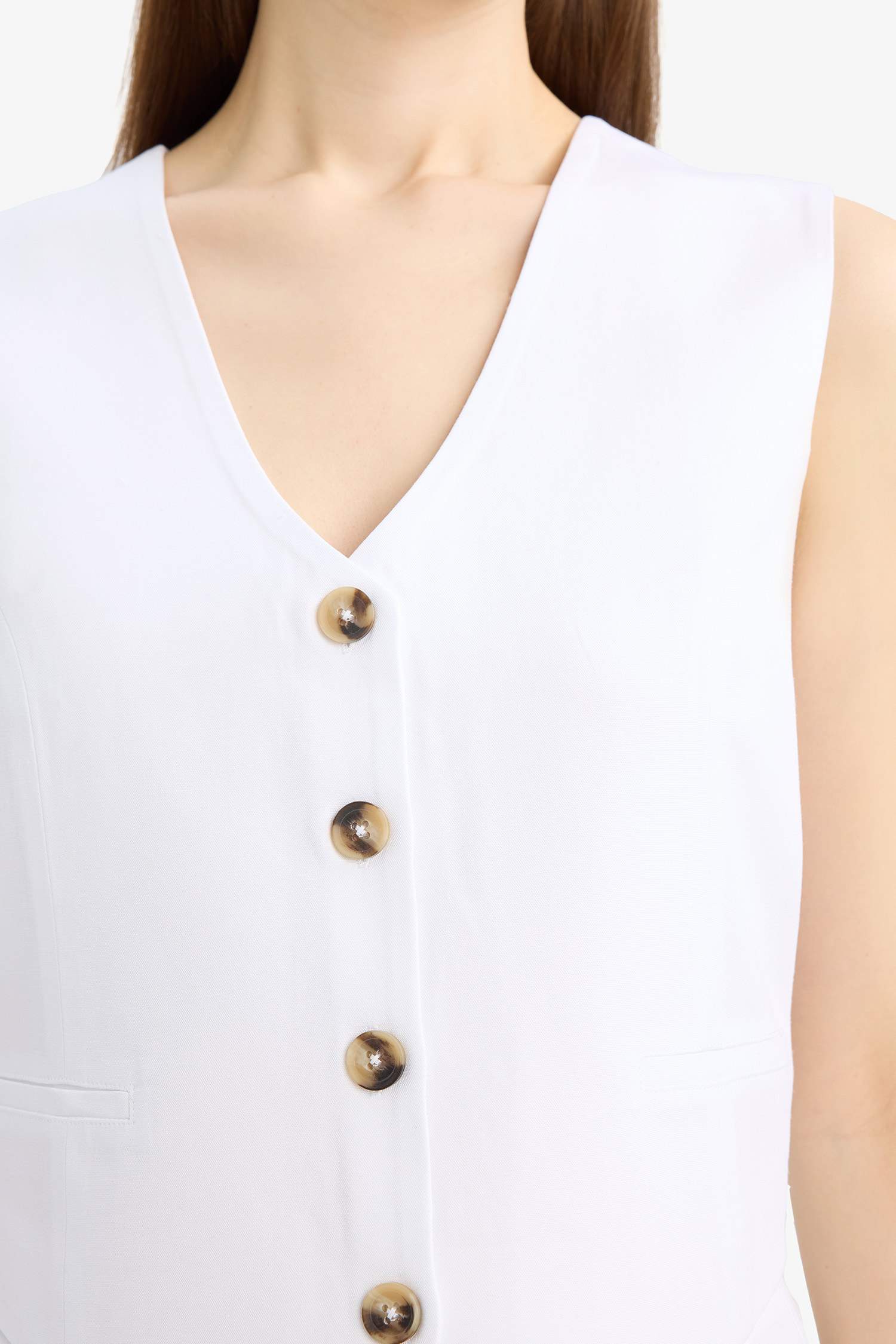 V Neck Linen Blend White Blazer Vest