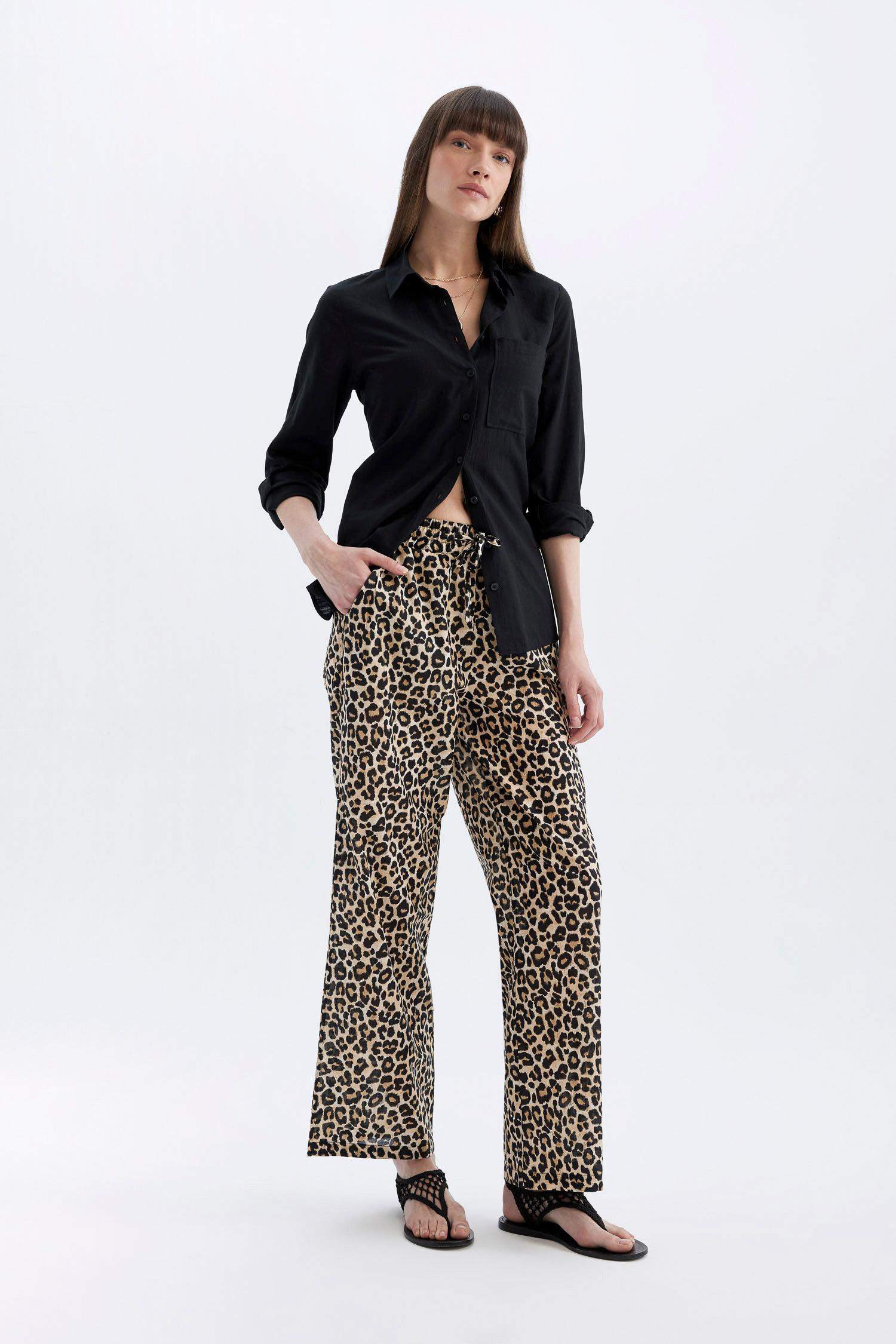 Wide Leg  Leopar Desenli Uzun Boy Vual Pantolon Yüksek Bel Geniş Paça  Cepli