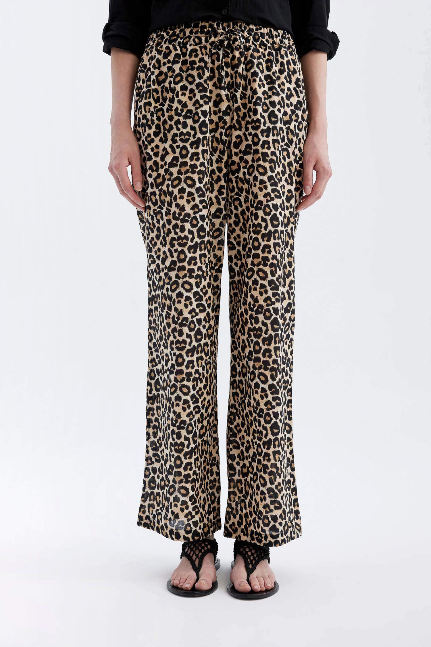 Wide Leg  Leopar Desenli Uzun Boy Vual Pantolon Yüksek Bel Geniş Paça  Cepli