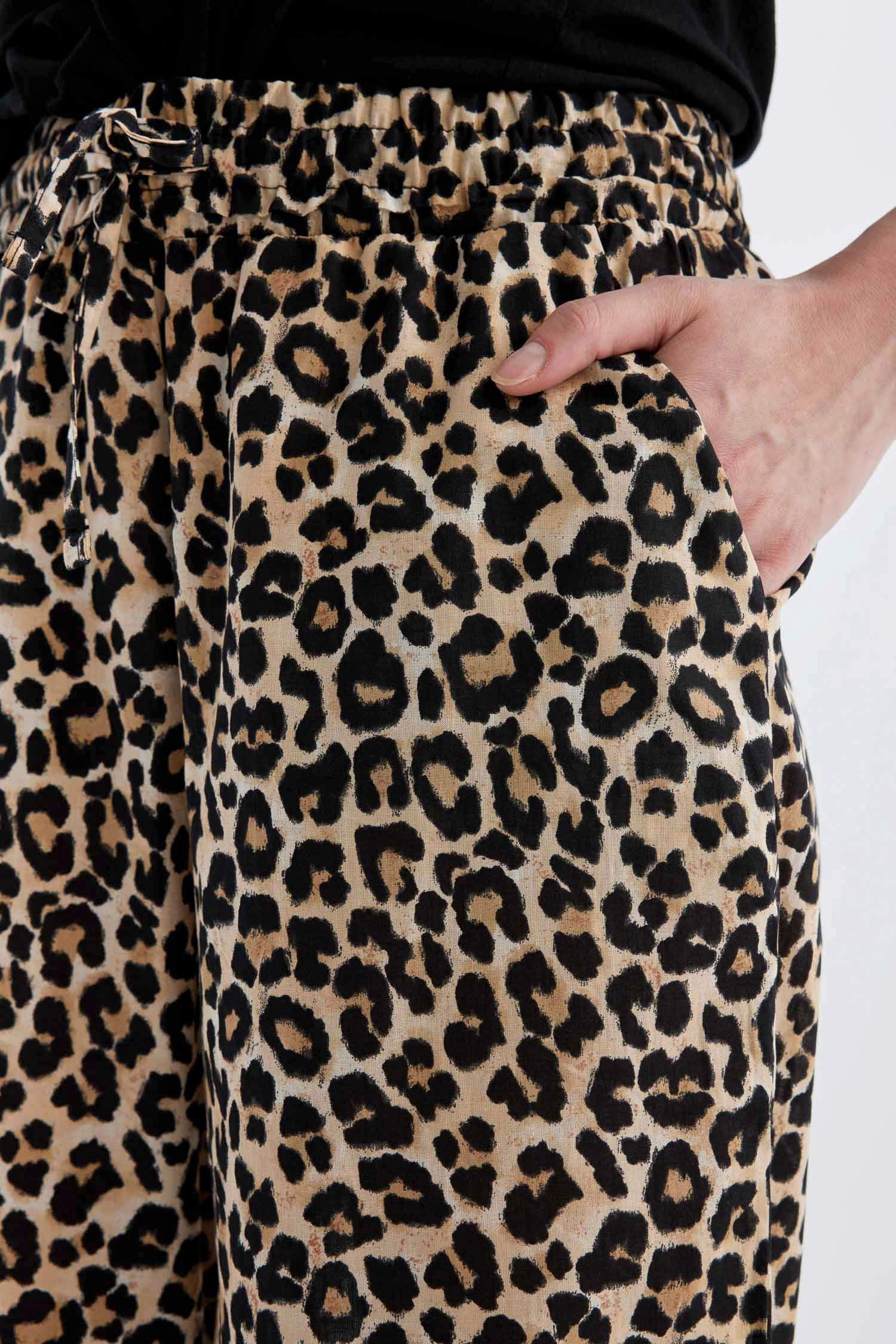 Wide Leg  Leopar Desenli Uzun Boy Vual Pantolon Yüksek Bel Geniş Paça  Cepli