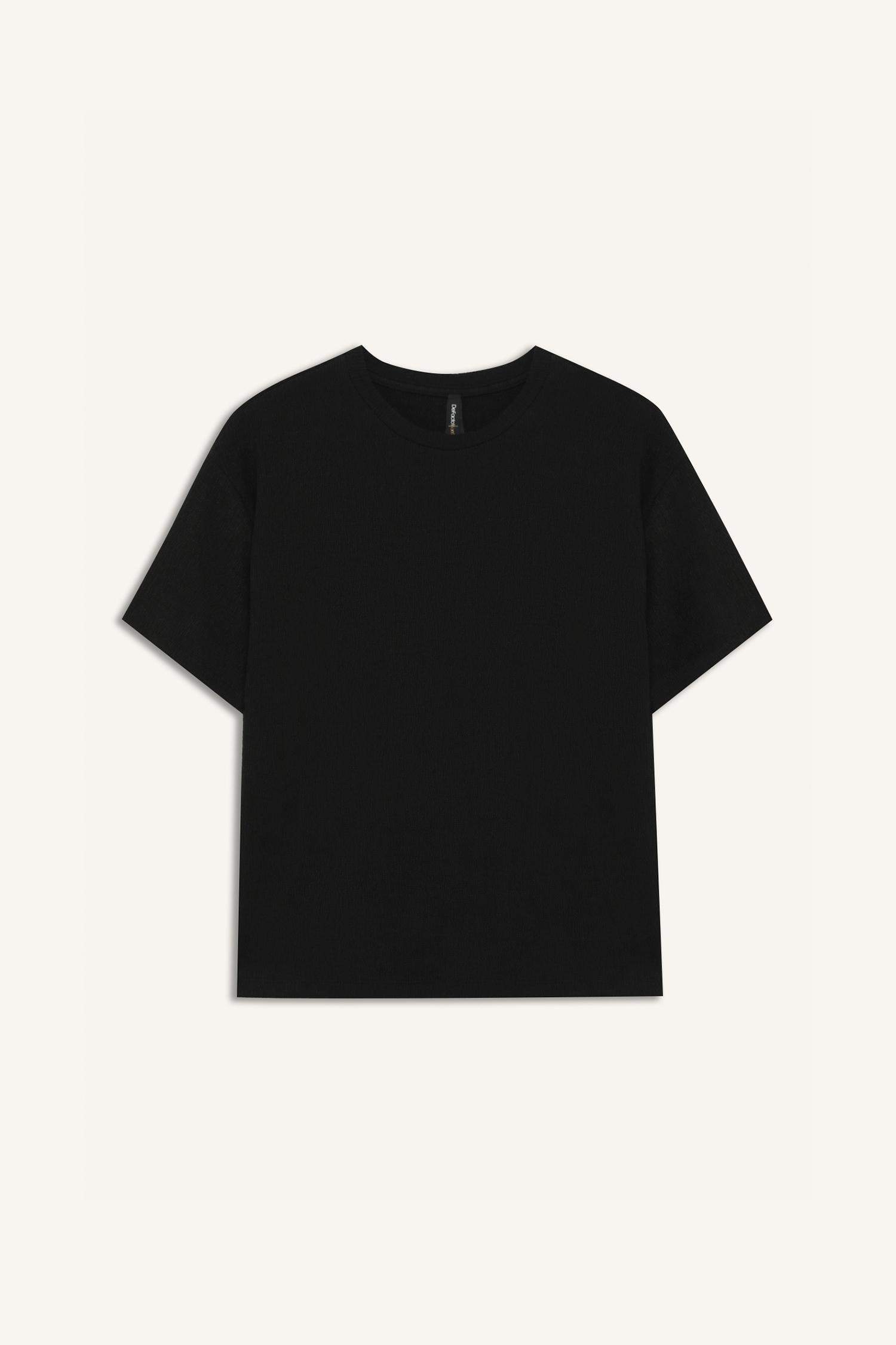 Relax Fit Bisiklet Yaka Basic Düz Bürümcük Kısa Kollu Siyah Tişört