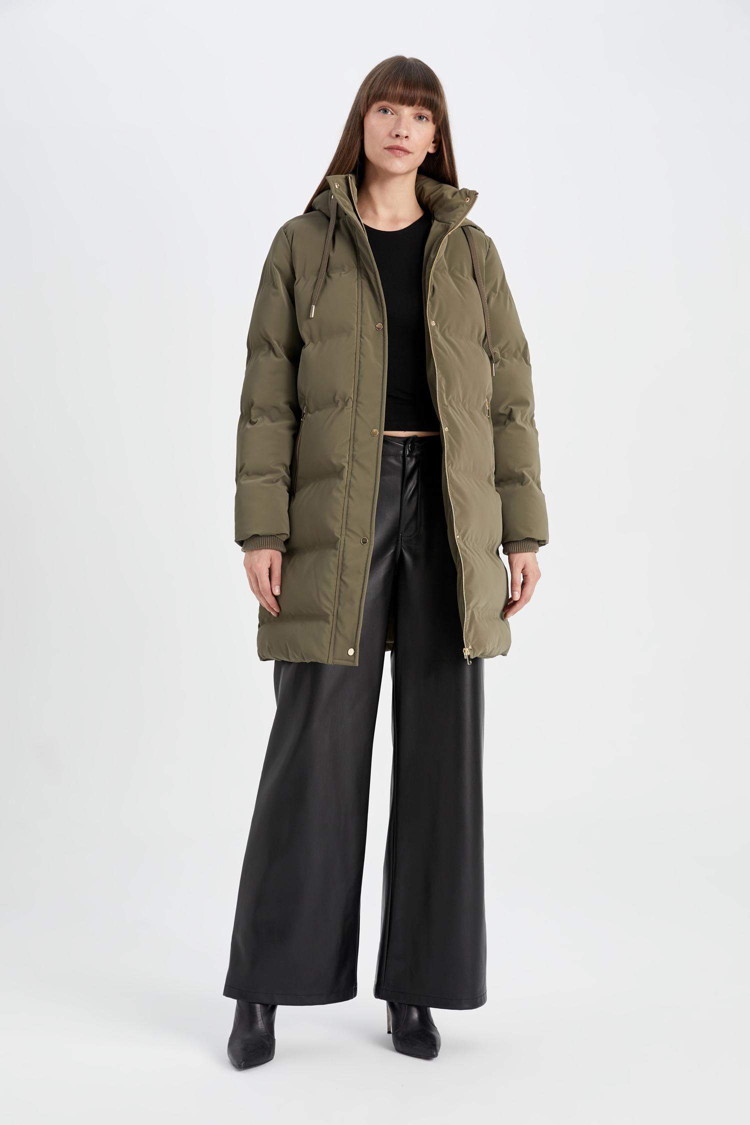 Su Geçirmez Uzun Şişme Mont Parka Kapüşonlu Fermuarlı Çıtçıtlı Cepli