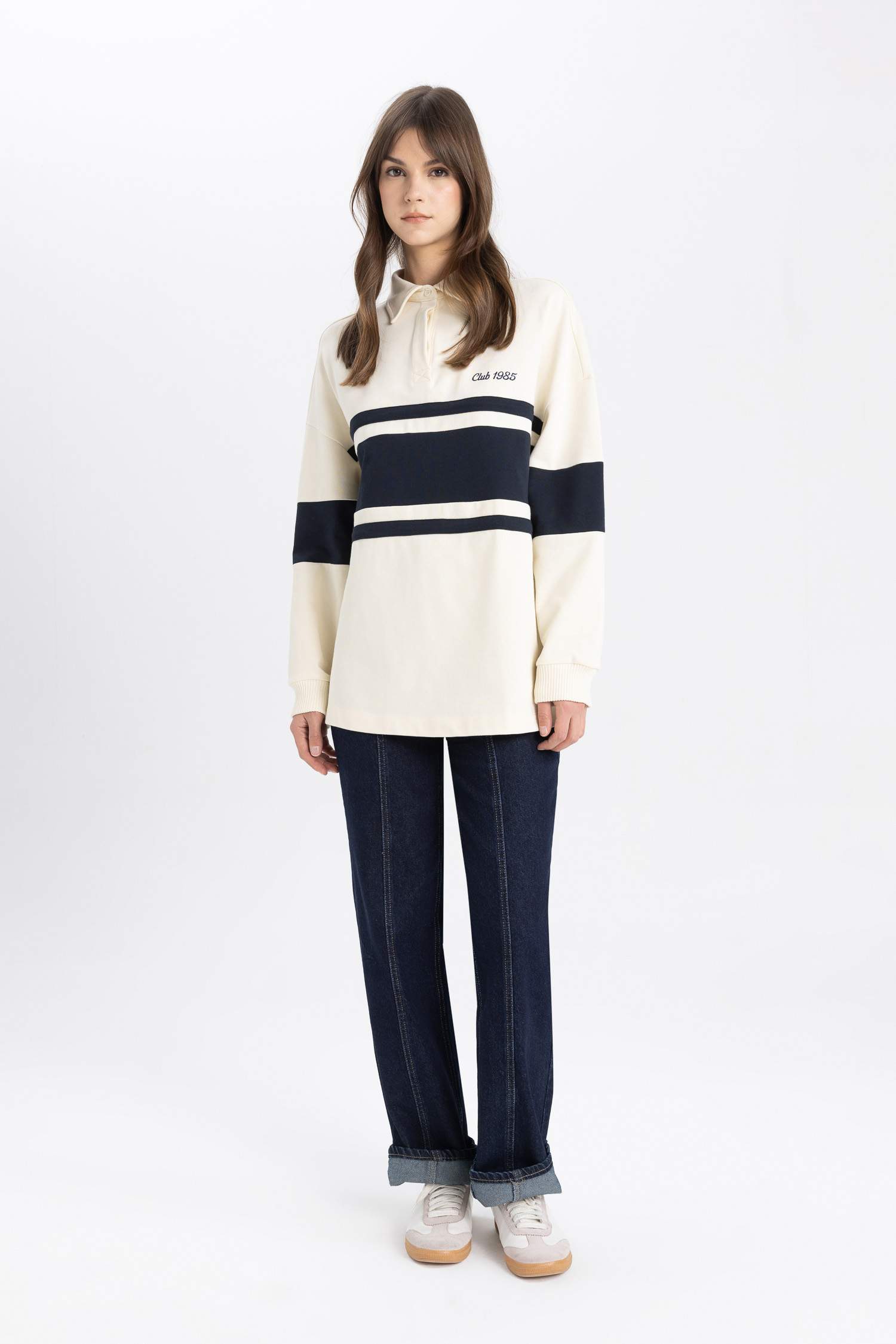 Regular Fit Polo Neck Printed Long Sleeve Sweatshirt Tunic