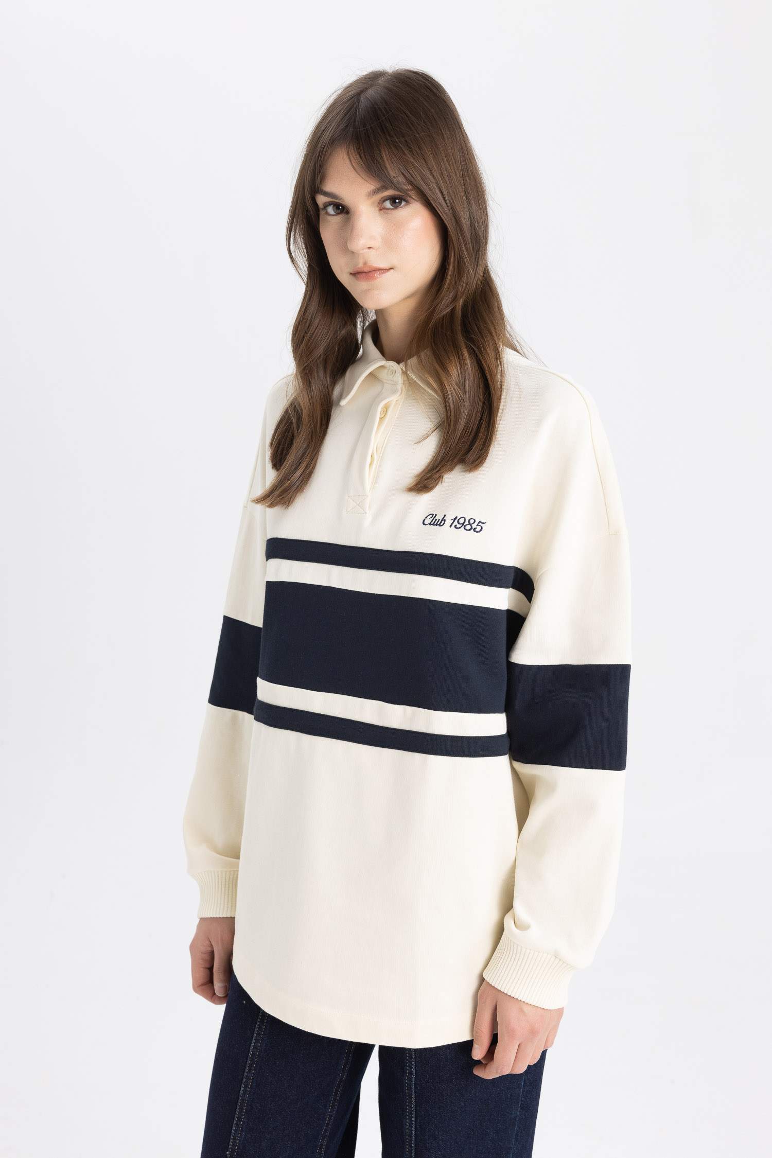 Regular Fit Polo Neck Printed Long Sleeve Sweatshirt Tunic