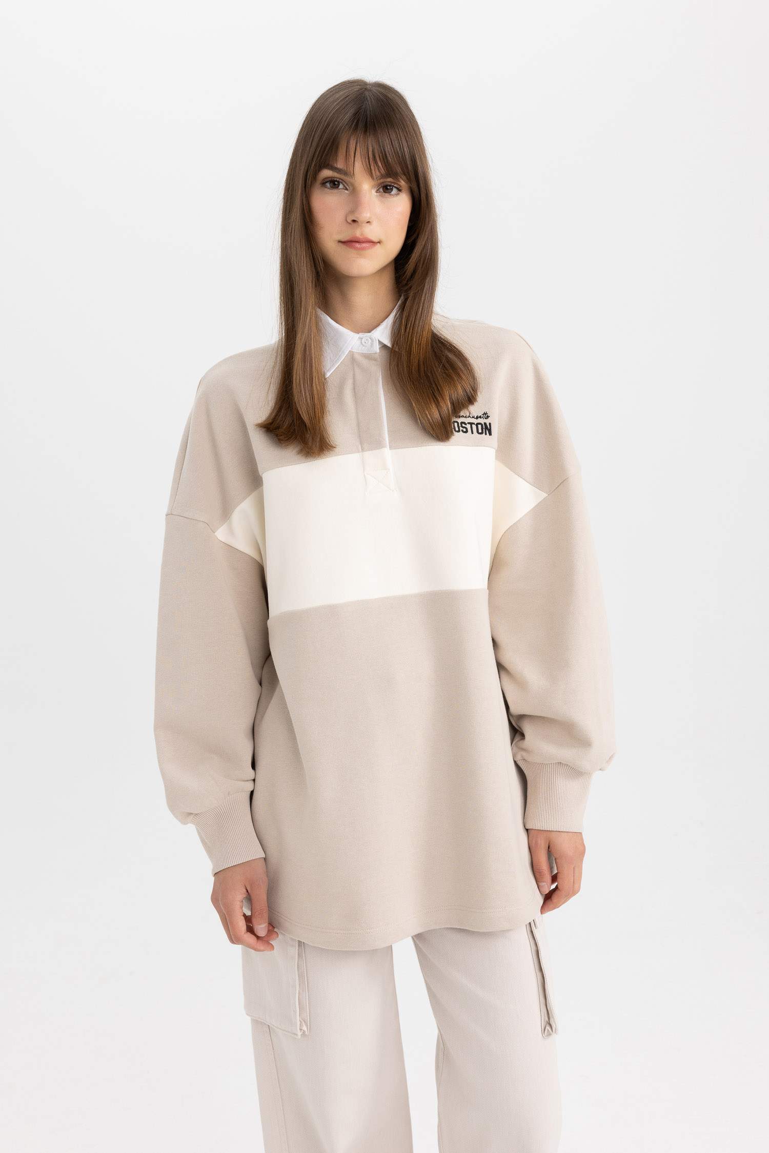 Regular Fit Gömlek Yaka Baskılı Sweatshirt Tunik