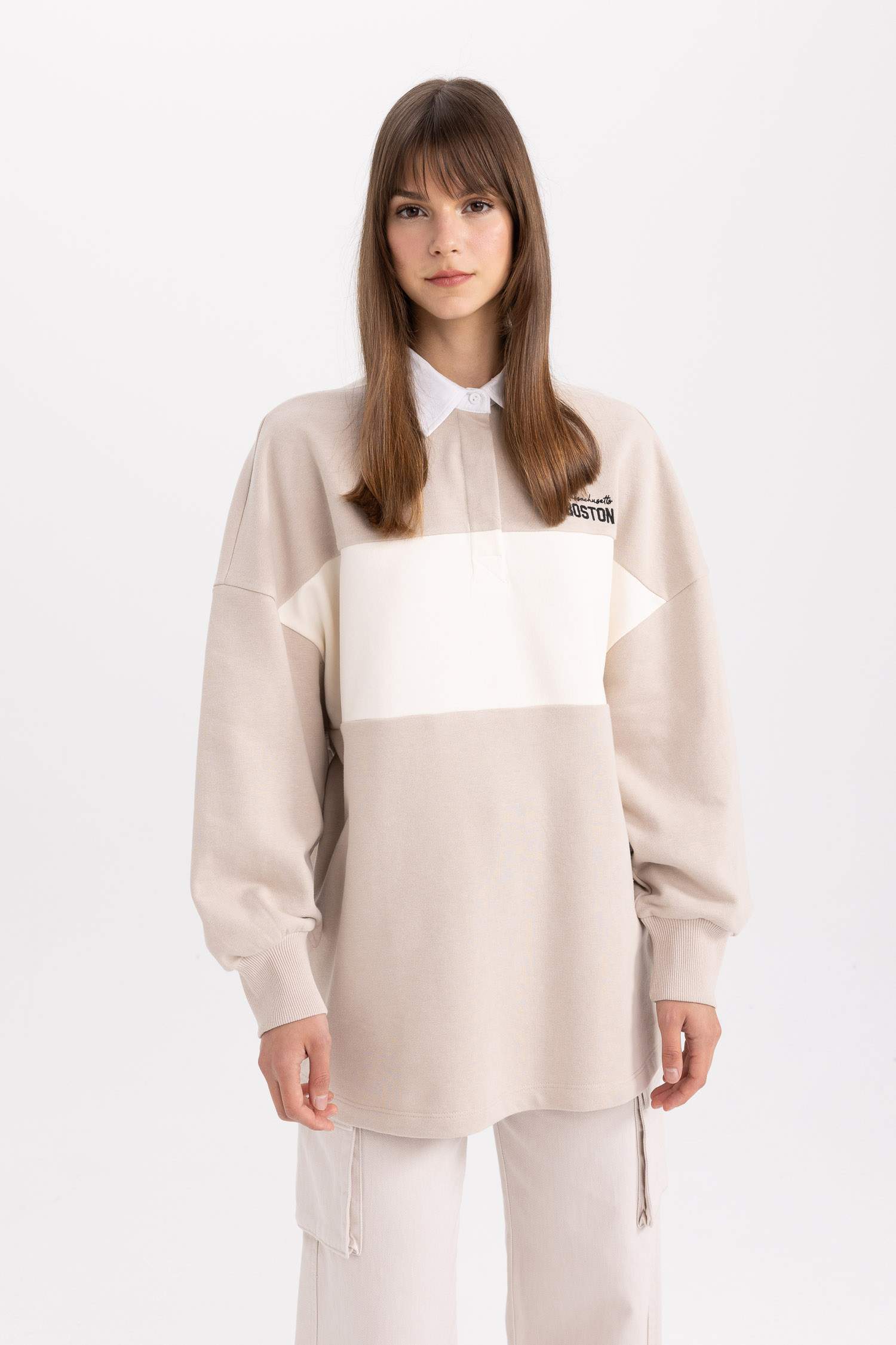 Regular Fit Gömlek Yaka Baskılı Sweatshirt Tunik