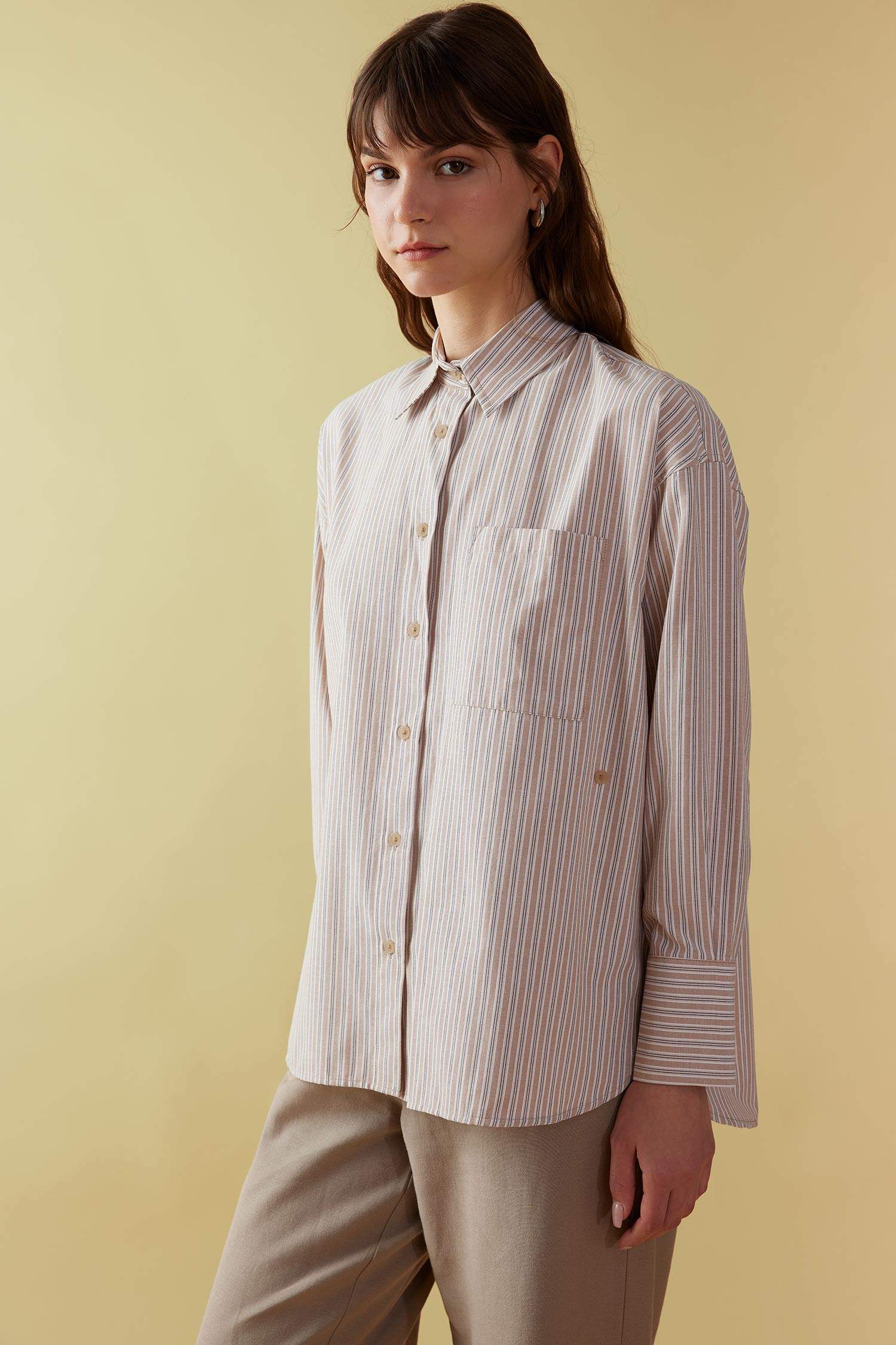 Tunique Chemise Popeline Rayée Coupe Relax à Manches Longues