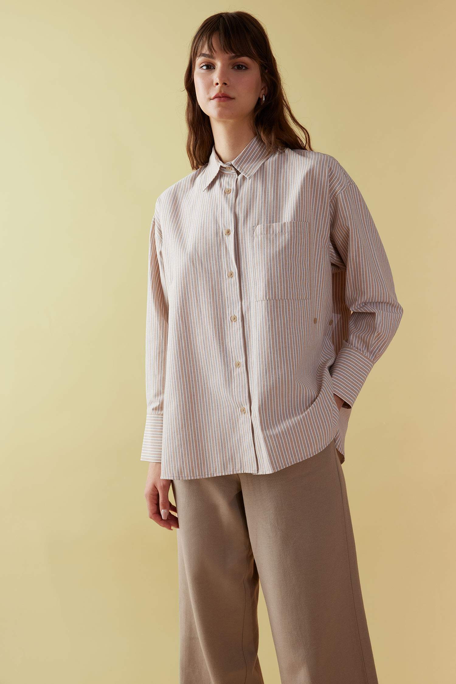 Tunique Chemise Popeline Rayée Coupe Relax à Manches Longues