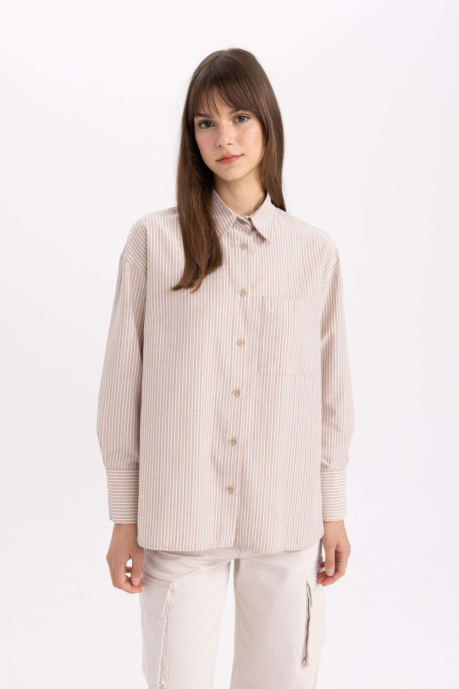 Tunique Chemise Popeline Rayée Coupe Relax à Manches Longues