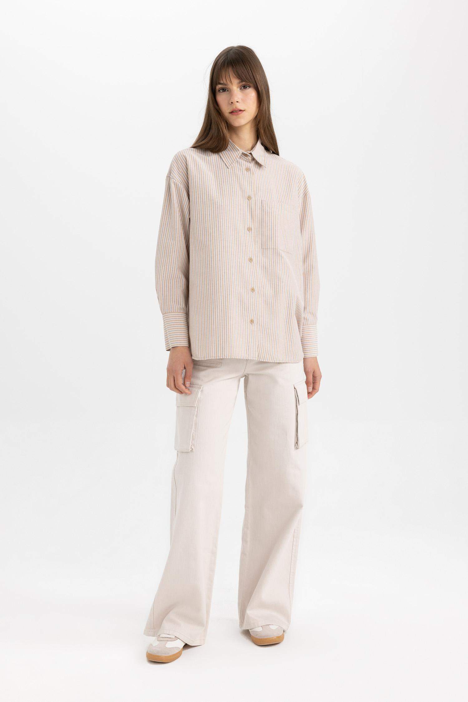 Tunique Chemise Popeline Rayée Coupe Relax à Manches Longues