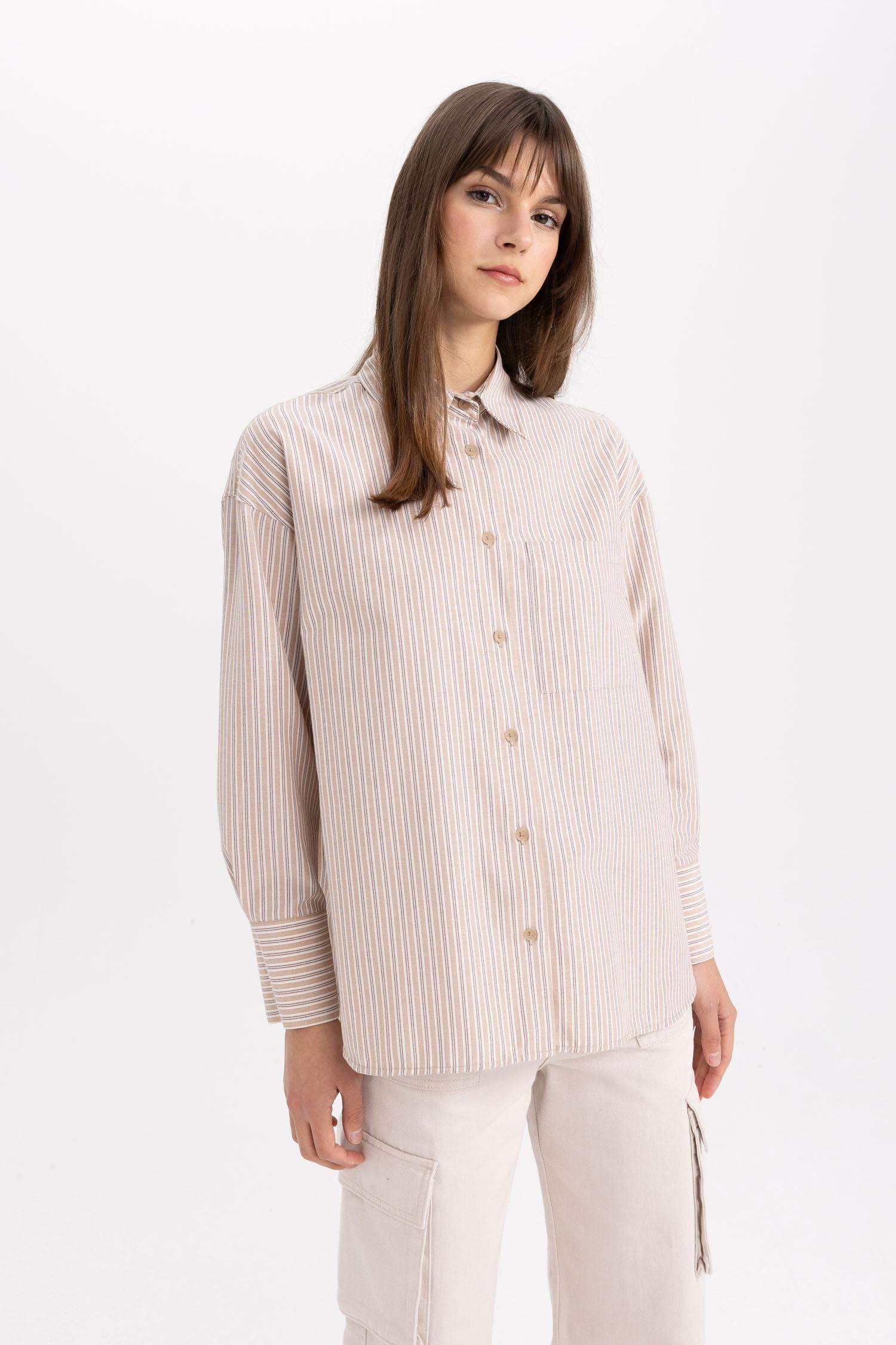 Tunique Chemise Popeline Rayée Coupe Relax à Manches Longues