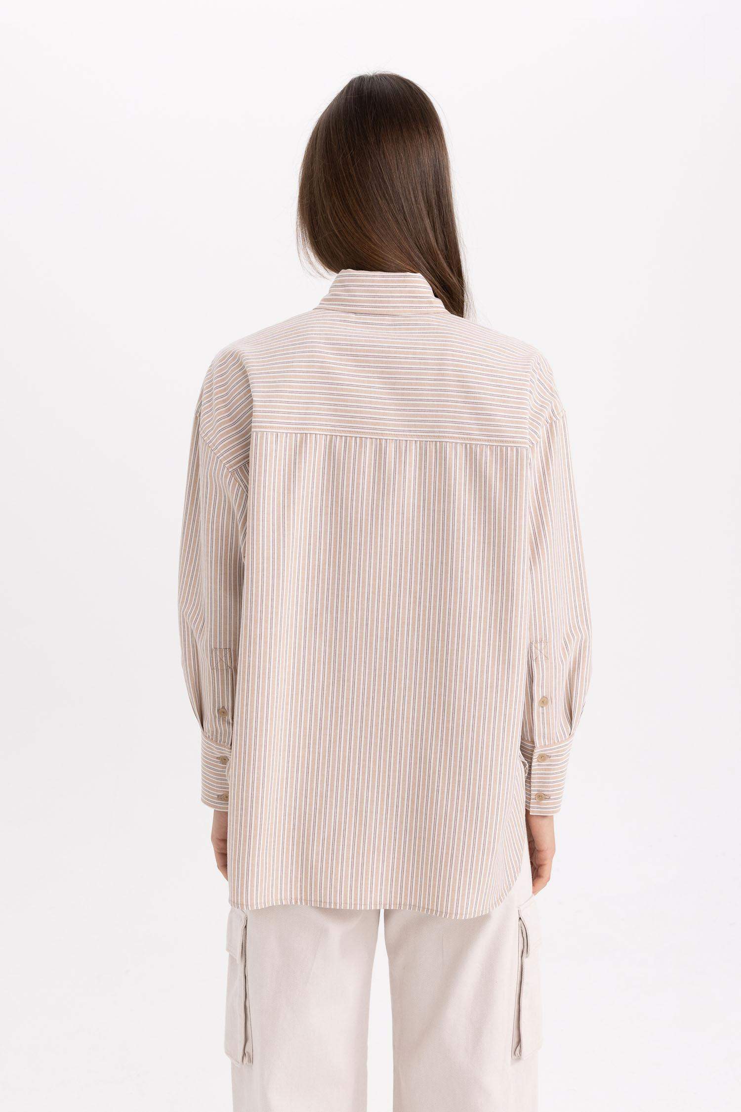 Tunique Chemise Popeline Rayée Coupe Relax à Manches Longues