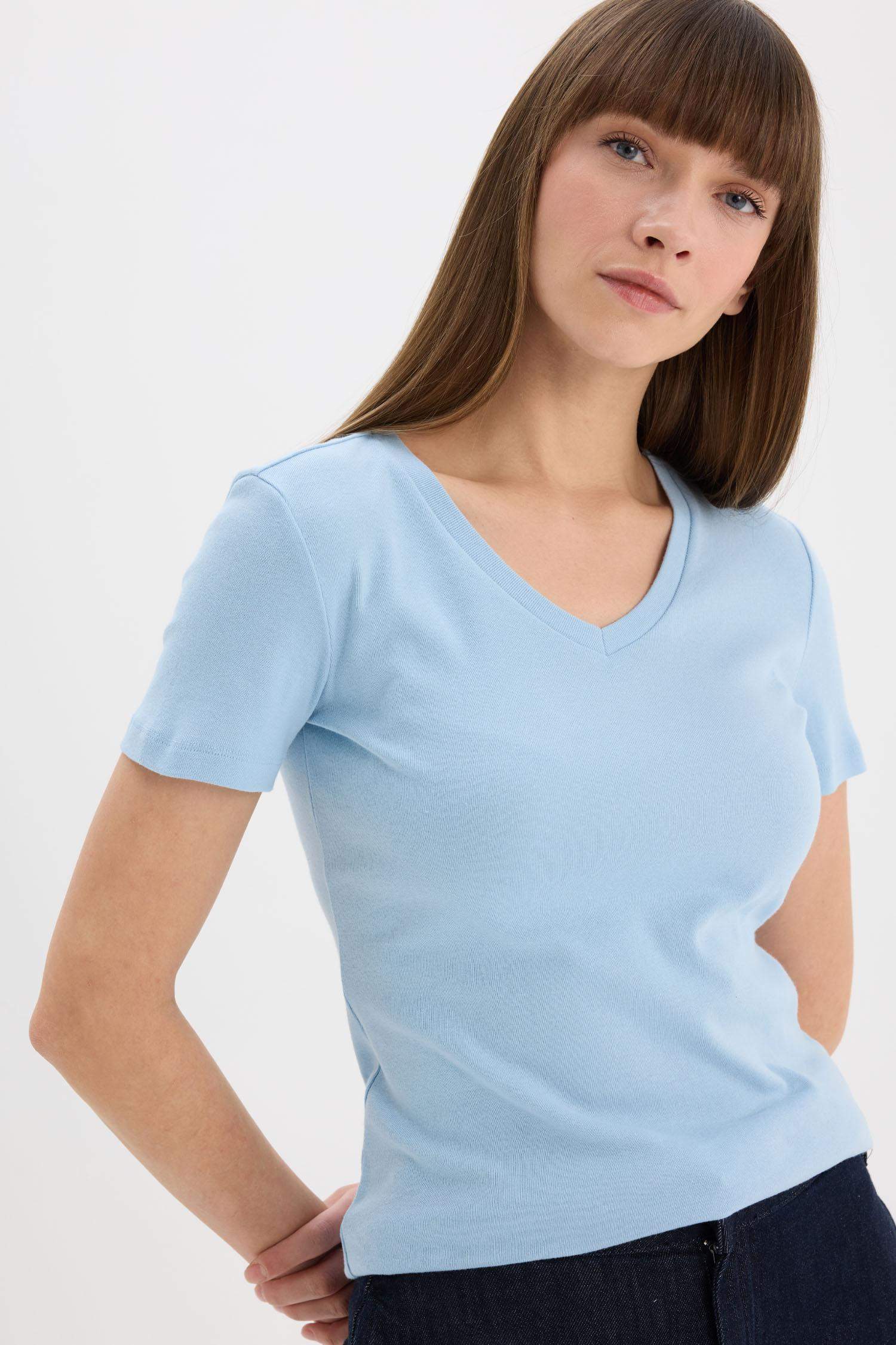 T-shirt basique slim en maille côtelée à col V et manches courtes