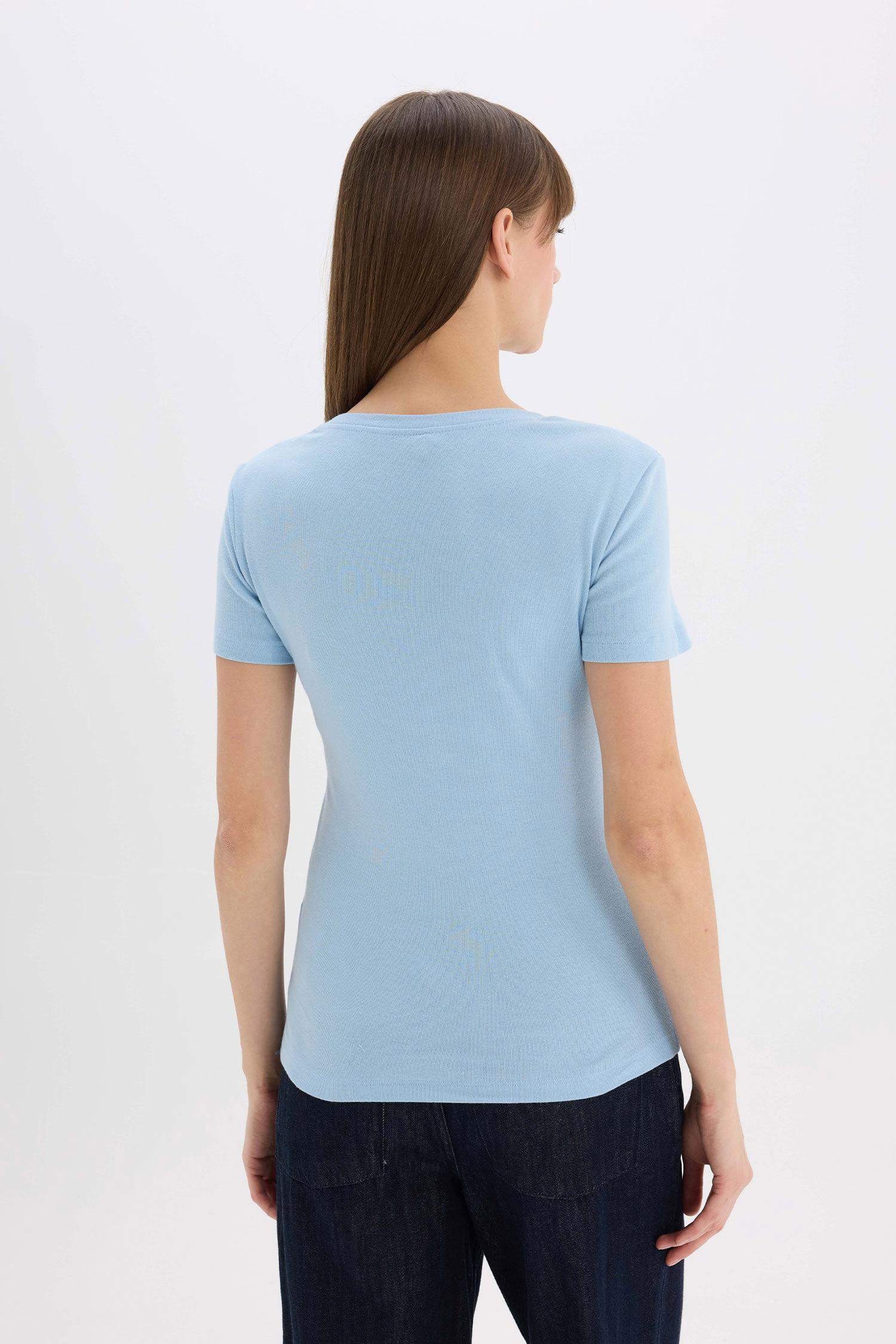 T-shirt basique slim en maille côtelée à col V et manches courtes