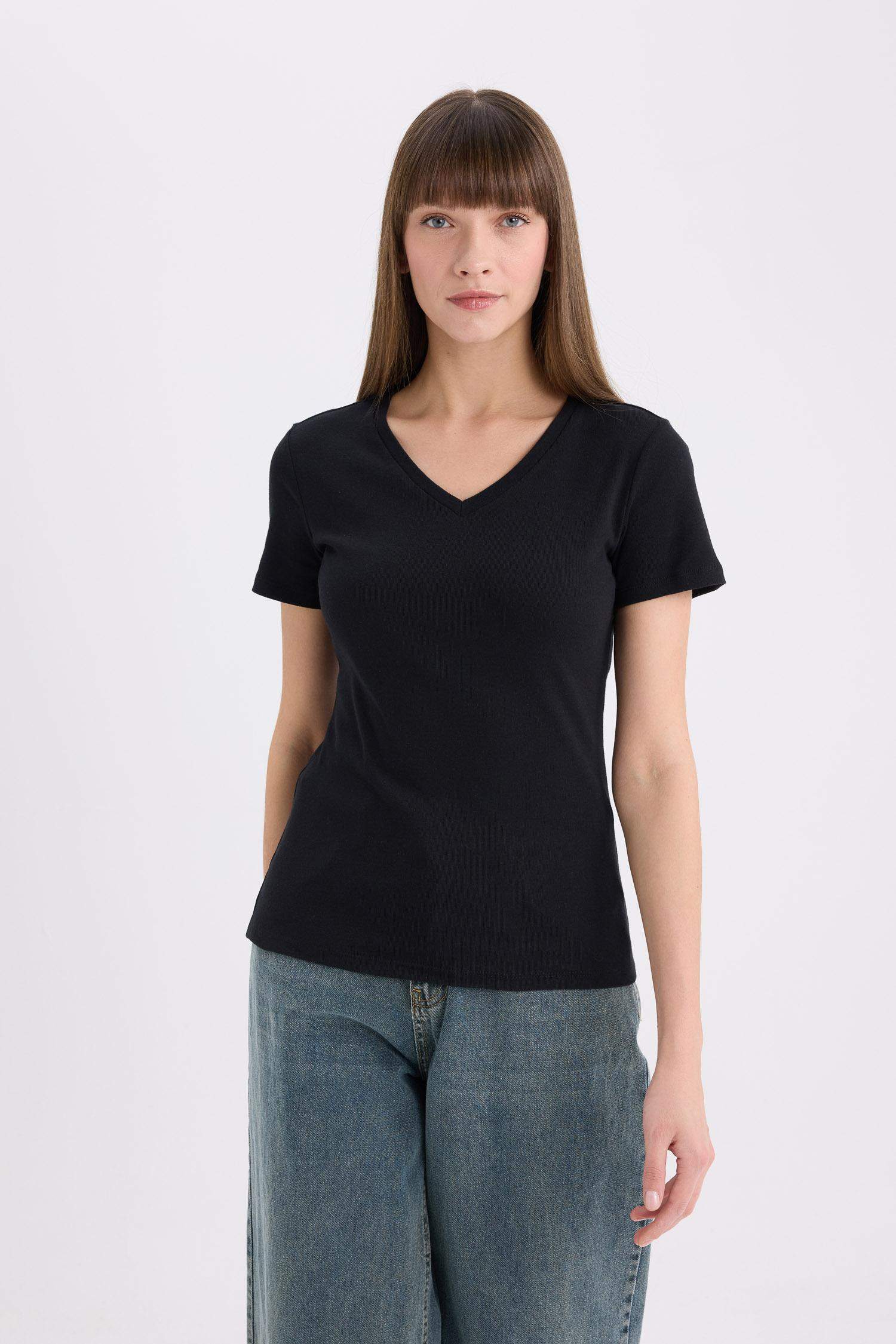 Slim Fit V Neck Basic Rib Short Sleeve T-Shirt