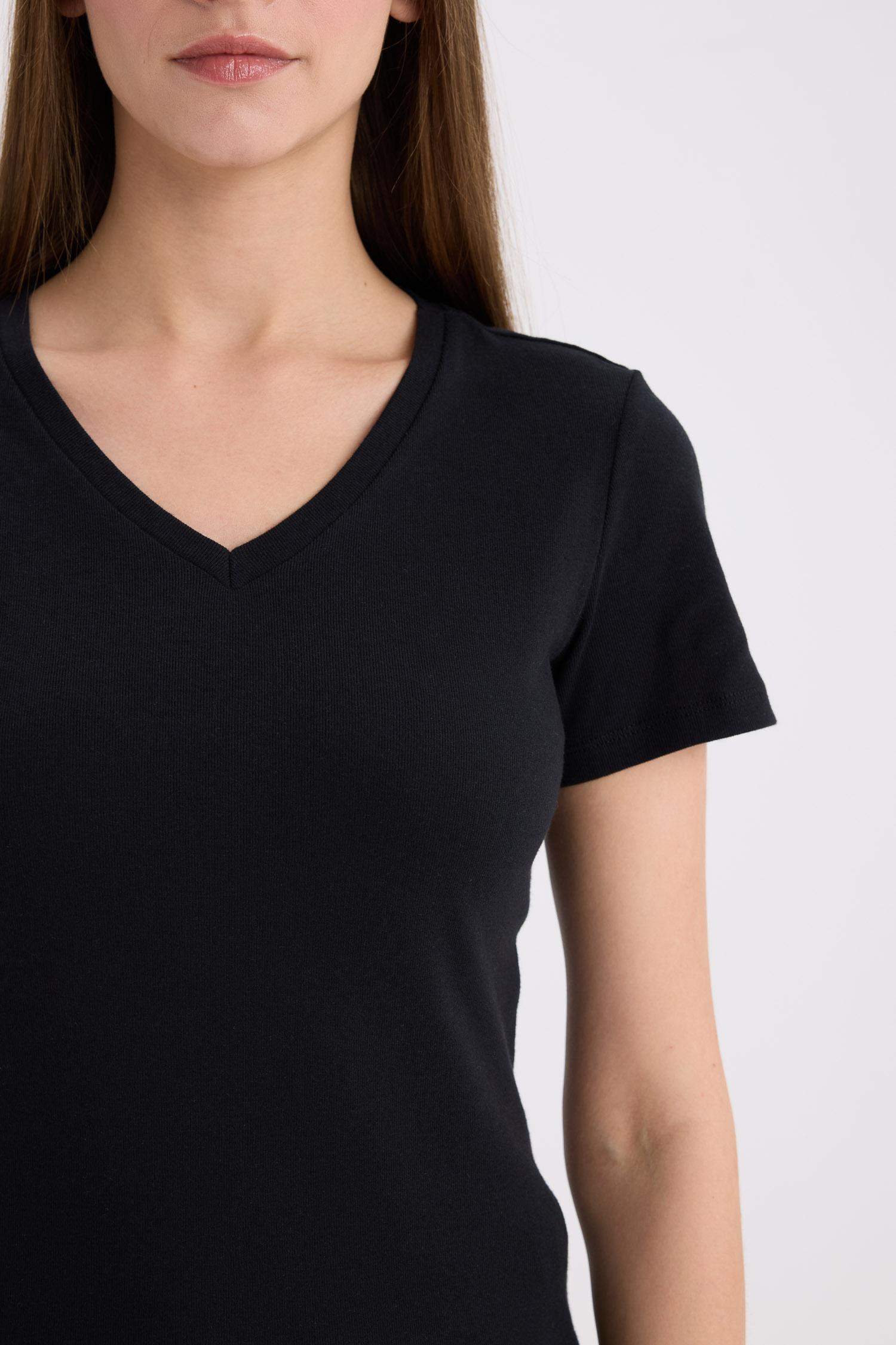 Slim Fit V Neck Basic Rib Short Sleeve T-Shirt