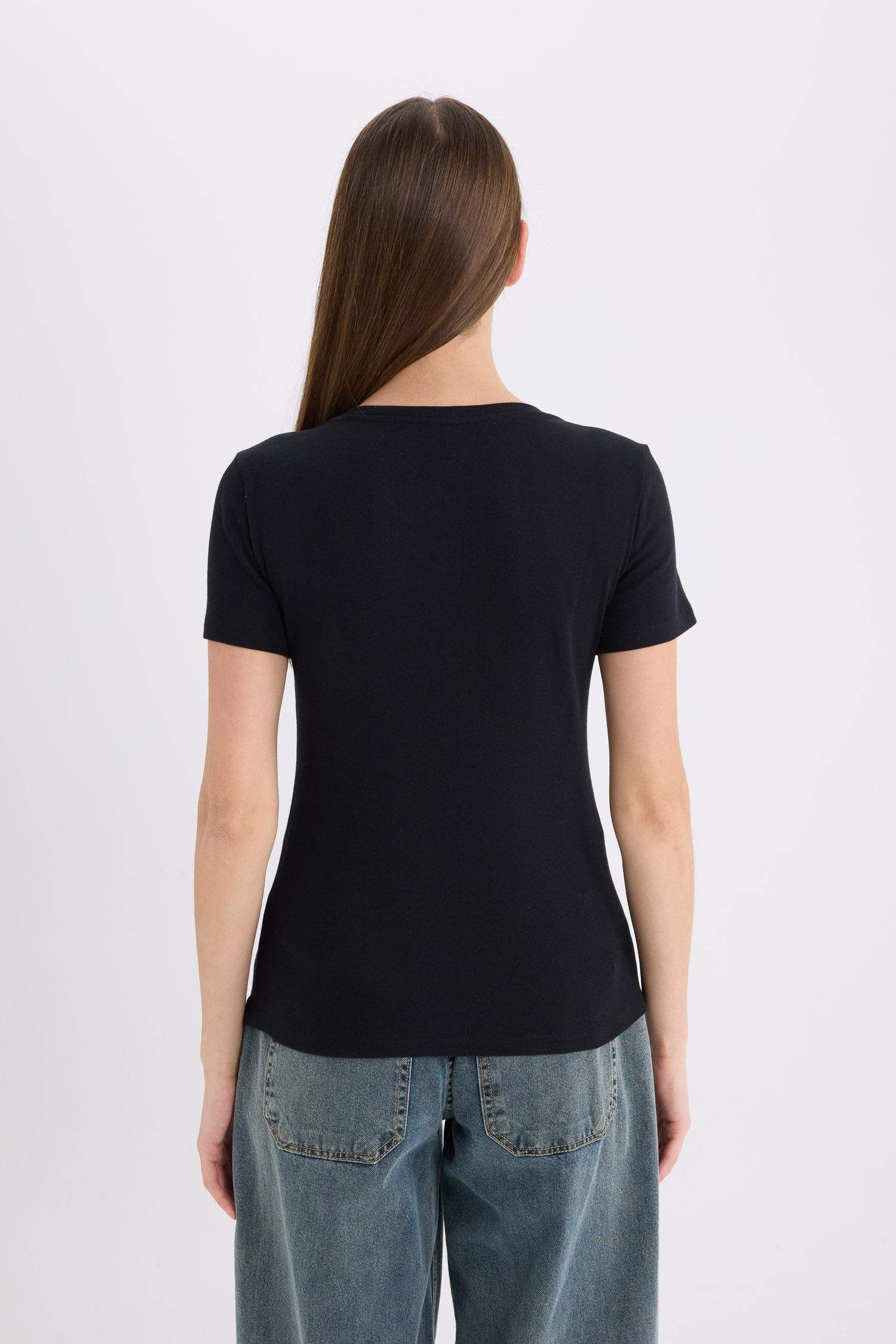 Slim Fit V Neck Basic Rib Short Sleeve T-Shirt