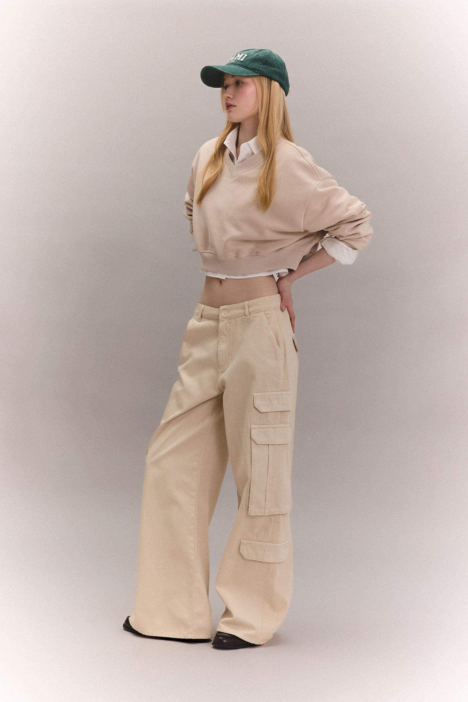 Basic Düz Wide Leg Geniş Bol Paça Pantolon Gabardin Kumaş Kargo Cepli