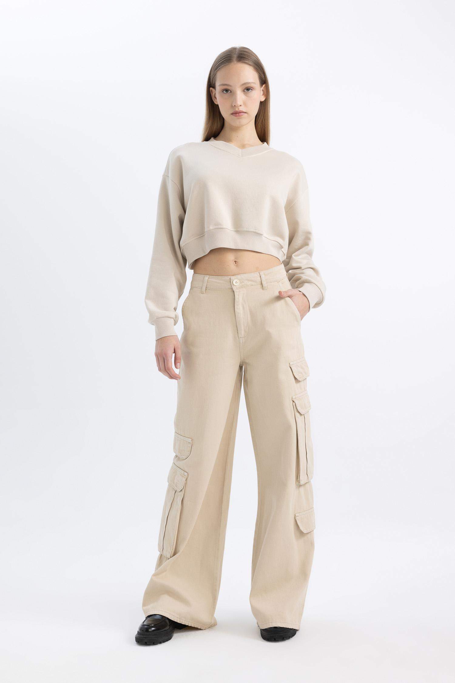 Basic Düz Wide Leg Geniş Bol Paça Pantolon Gabardin Kumaş Kargo Cepli