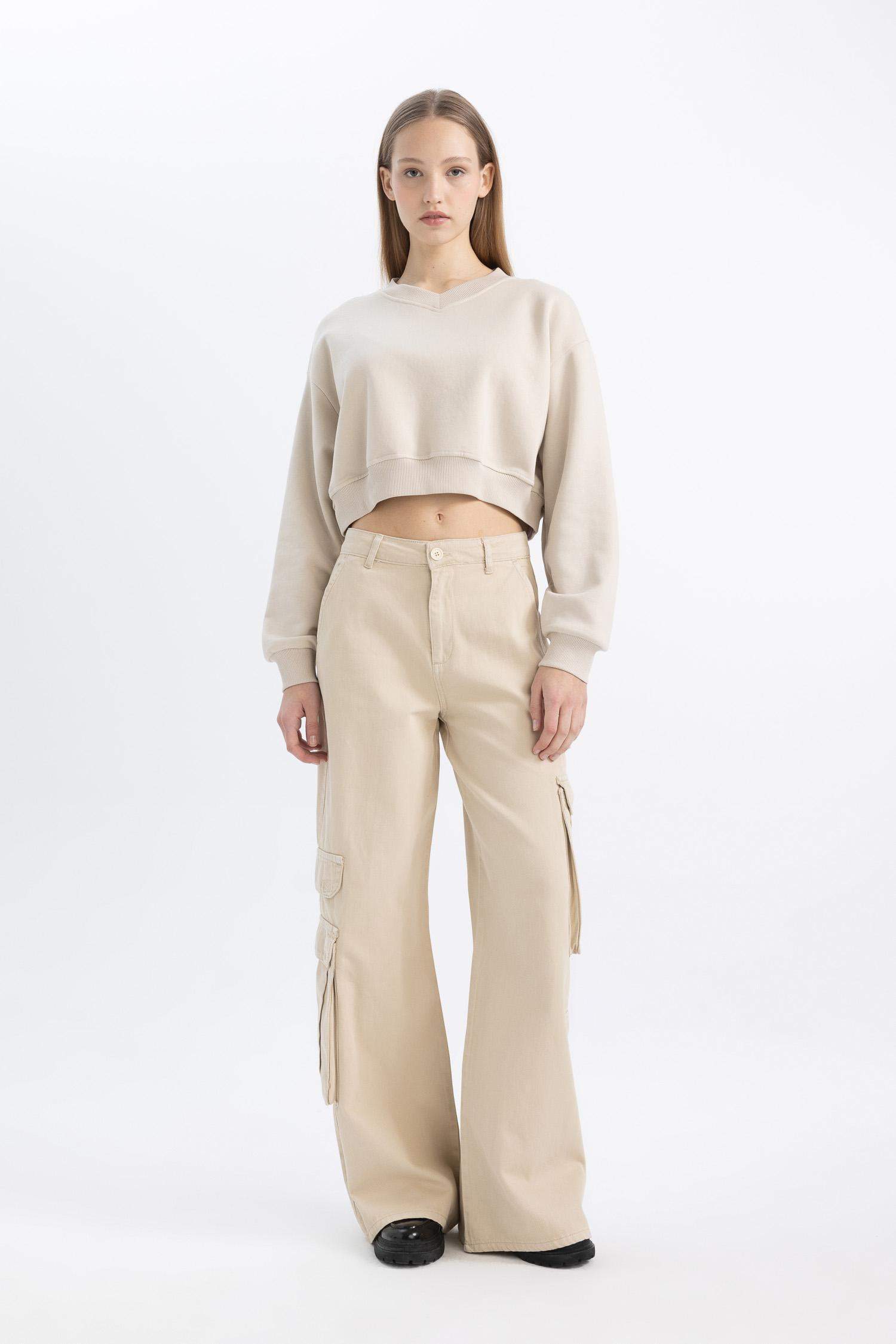 Basic Düz Wide Leg Geniş Bol Paça Pantolon Gabardin Kumaş Kargo Cepli