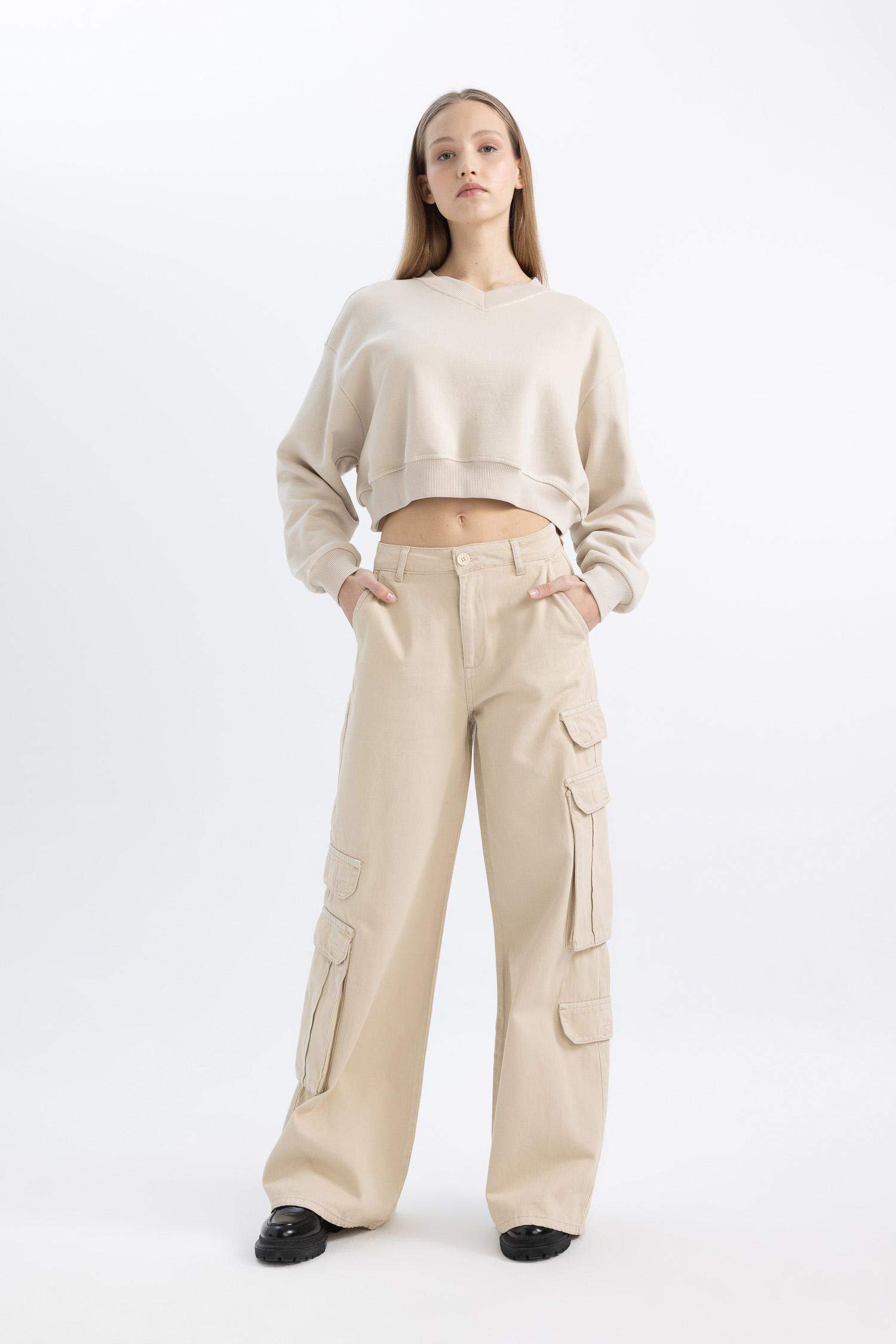 Basic Düz Wide Leg Geniş Bol Paça Pantolon Gabardin Kumaş Kargo Cepli