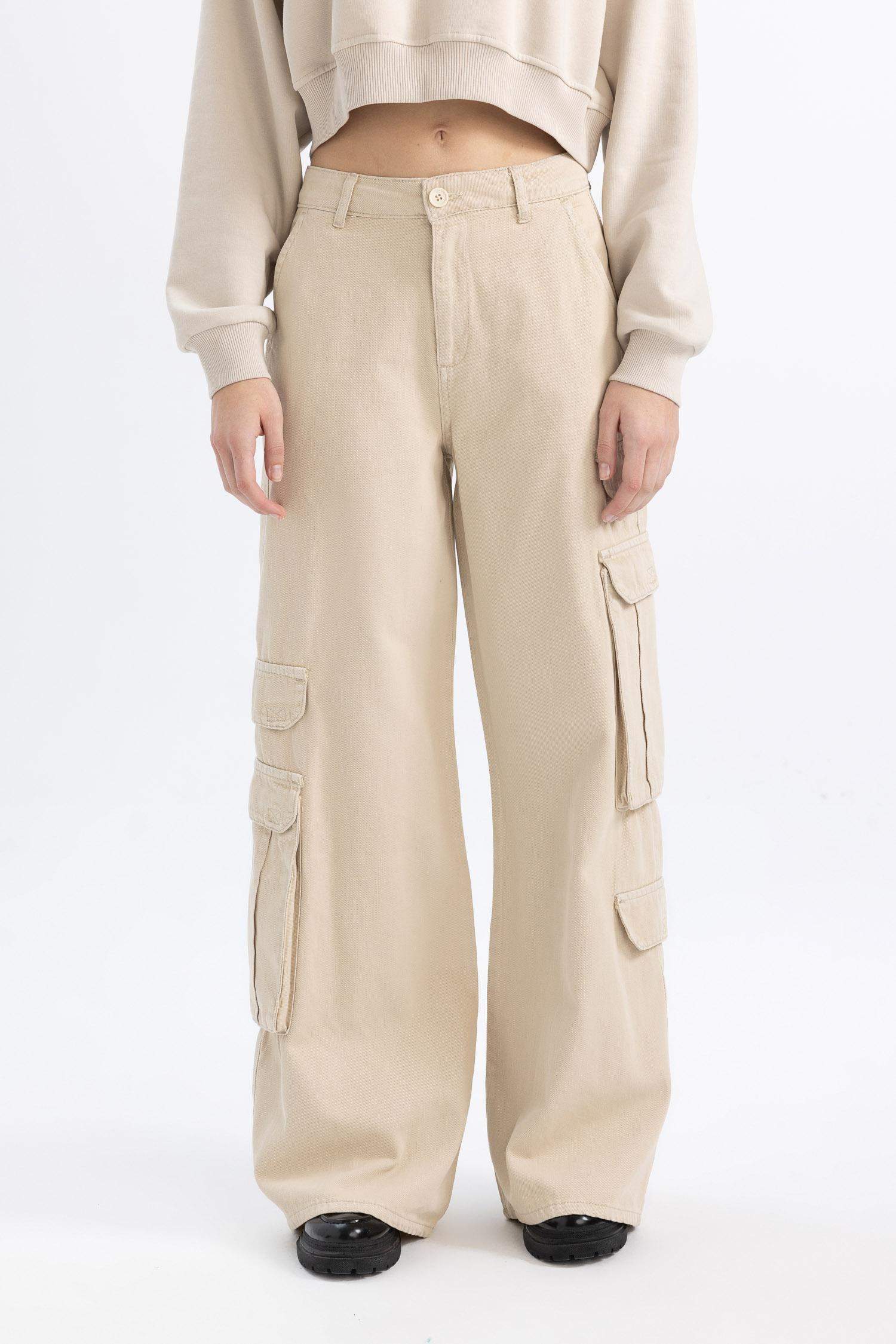 Basic Düz Wide Leg Geniş Bol Paça Pantolon Gabardin Kumaş Kargo Cepli