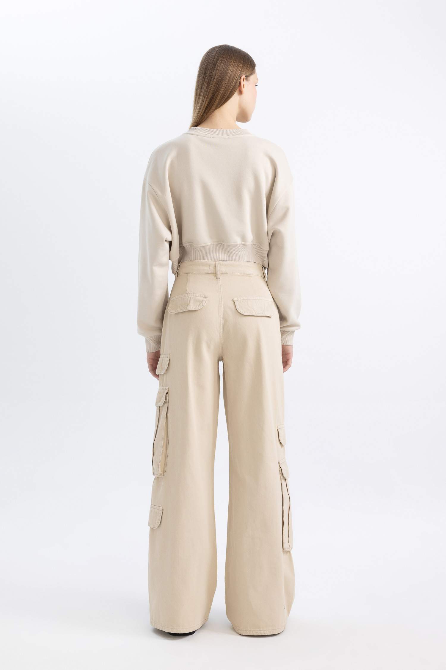 Basic Düz Wide Leg Geniş Bol Paça Pantolon Gabardin Kumaş Kargo Cepli